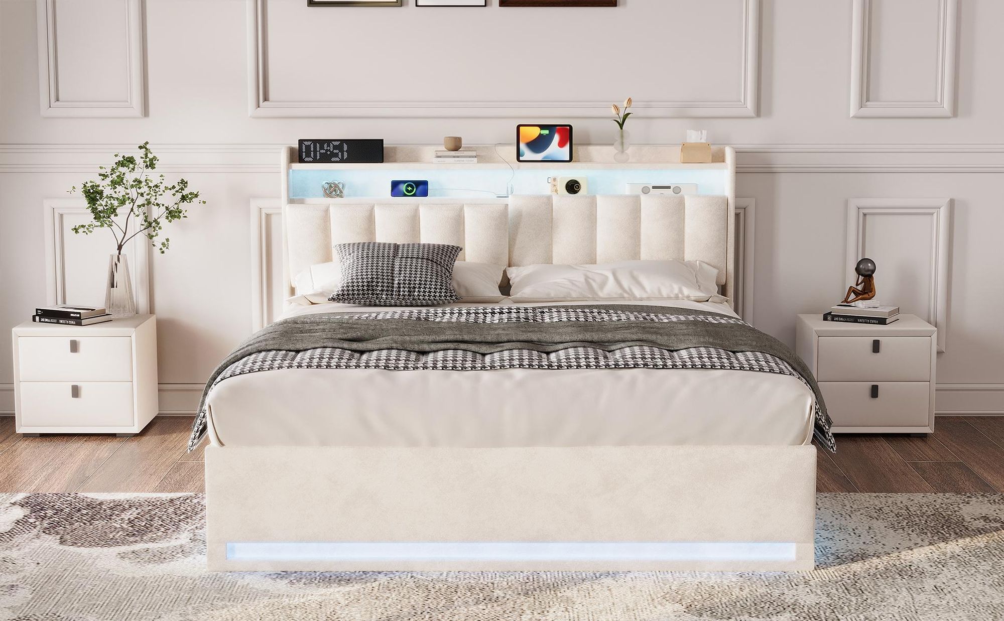 INONEFT Boxspringbett 140×200 mit LED &USB ,Polsterbett mit Stauraum,Hydraulisches Doppelbett, Samt, Beige.