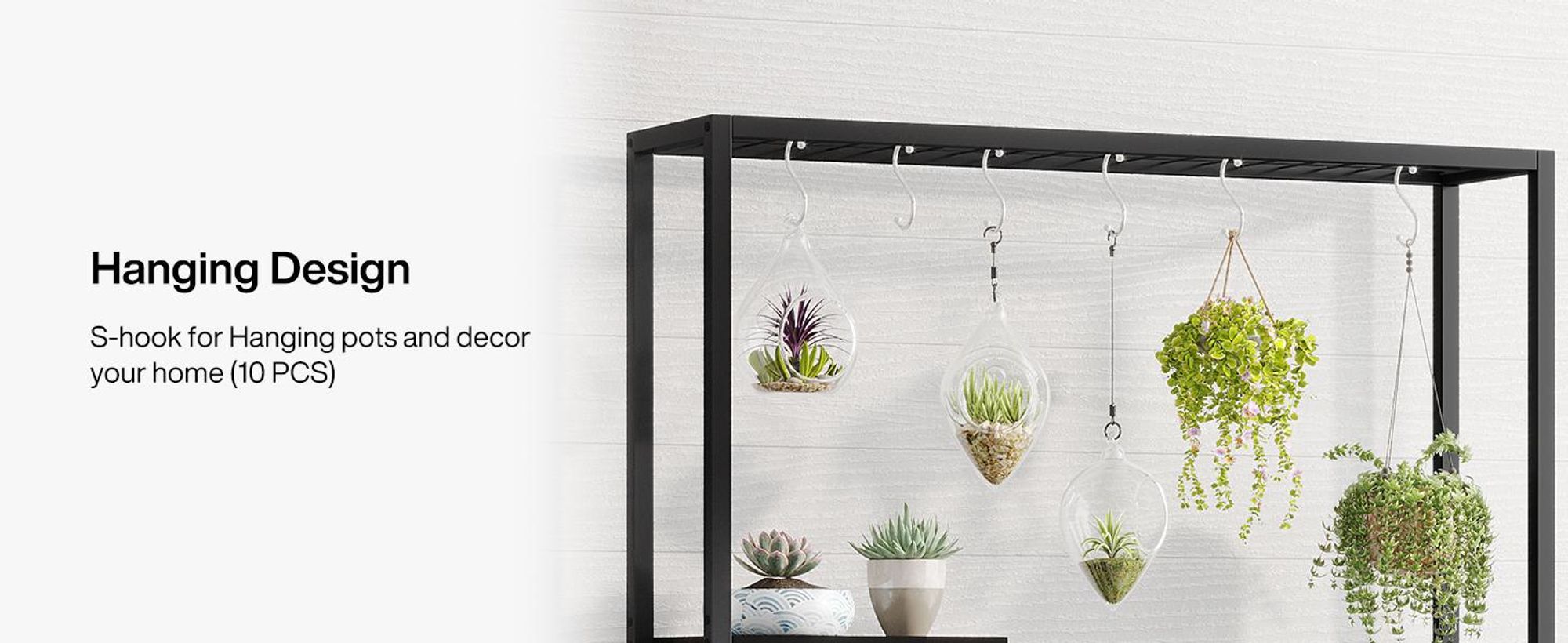 Tribesigns Blumenständer, 5 Ebenen Pflanzenregal mit 10 S-Haken, 180cm Hoch Pflanzenständer Metall Blumenregal für Indoor Balkon Boden (Schwarz)