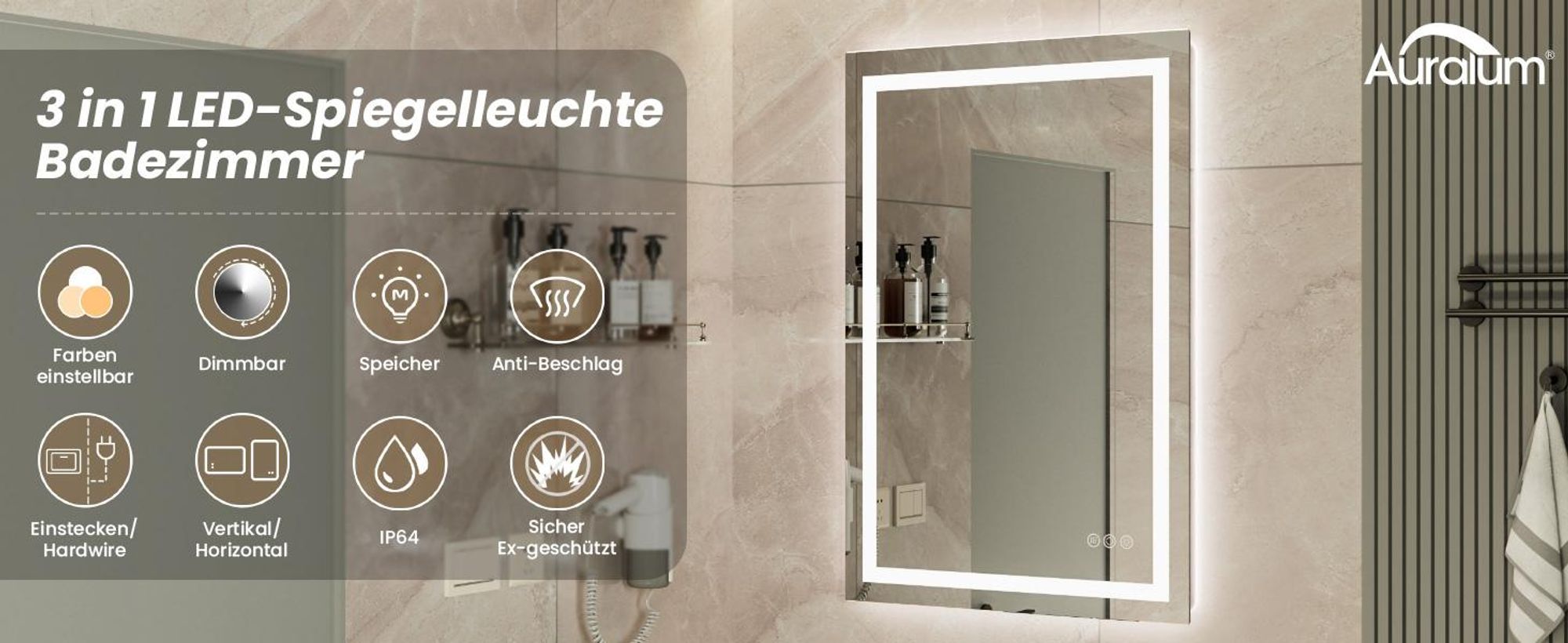 LED Badezimmerspiegel 90x60cm Rechteckig, 3 Lichtfarben Badspiegel mit Touch und Anti Beschlag, Dimmbar Badezimmer Spiegel, energiesparend Wandspiegel