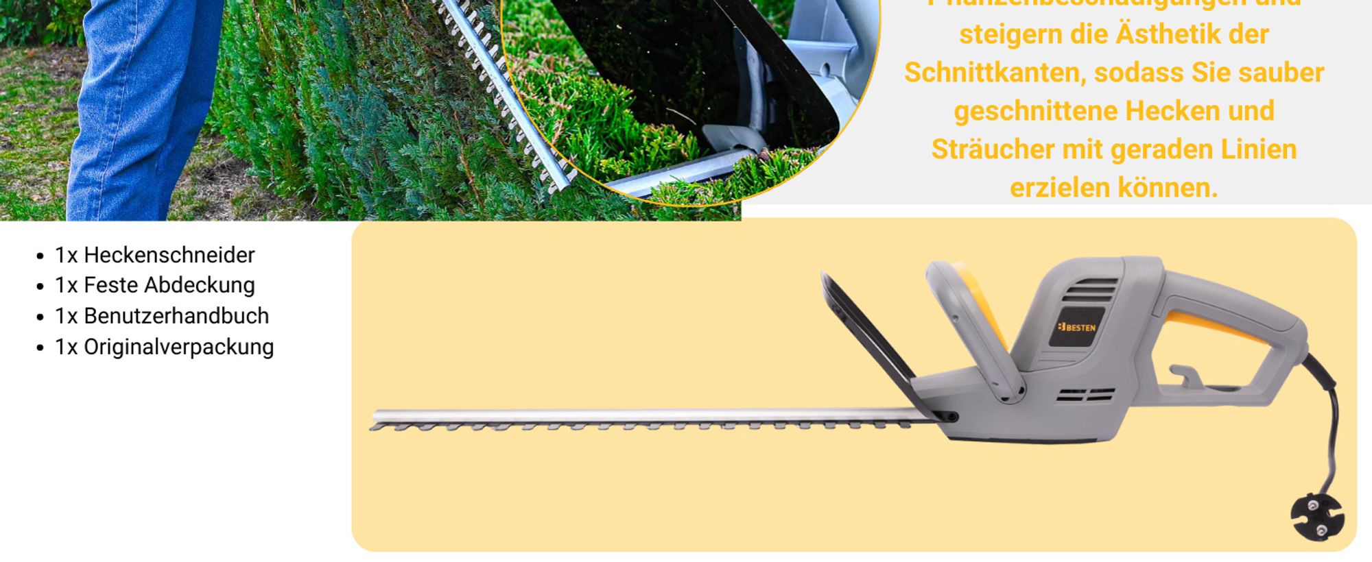 BESTEN Heckenschere Netz, Strauch-Astschere, Gartenschere, 620W, 56cm Arbeitsklinge