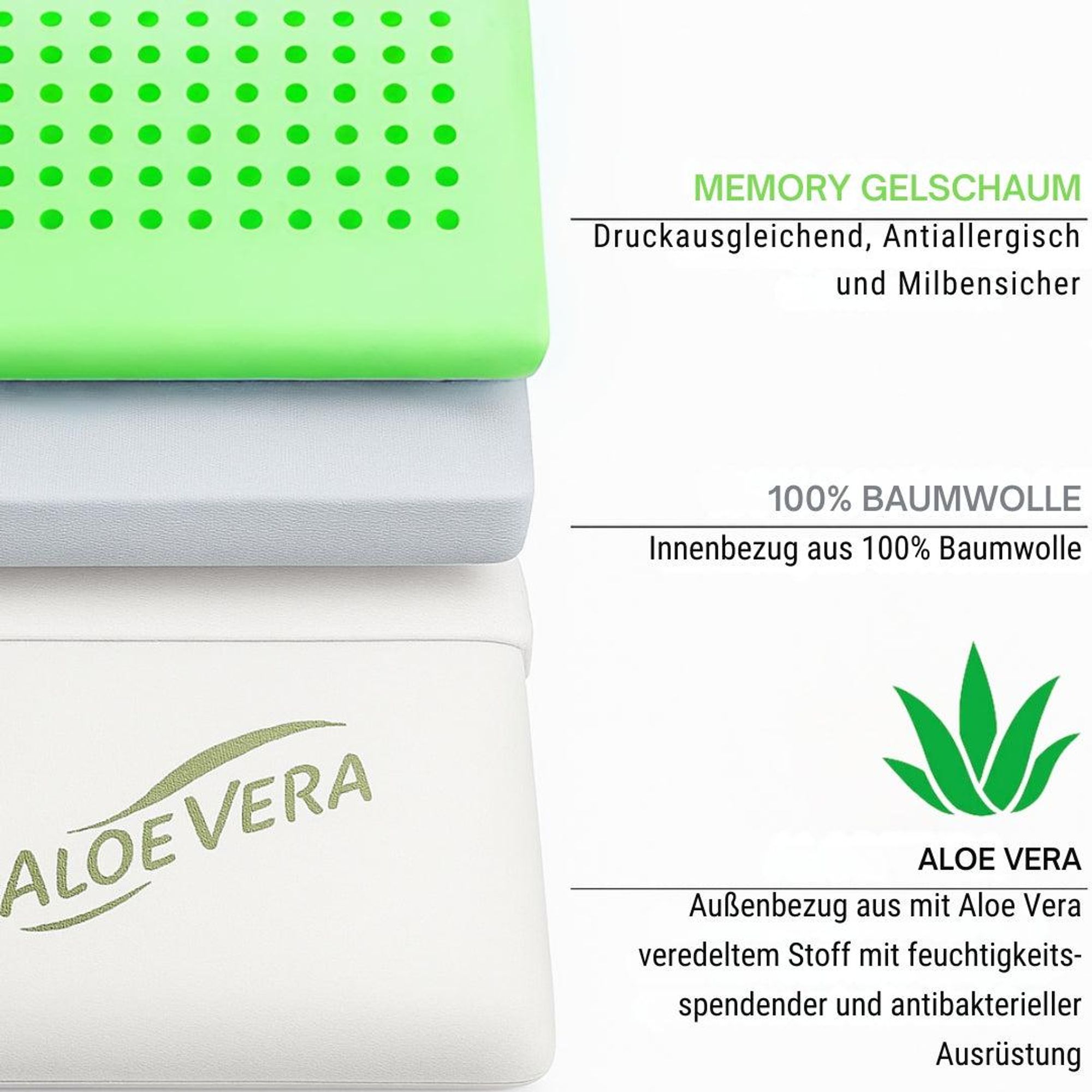 hERZtal Aloe Vera Memory-Schaum Kissen 80x40x15cm – Produktbild