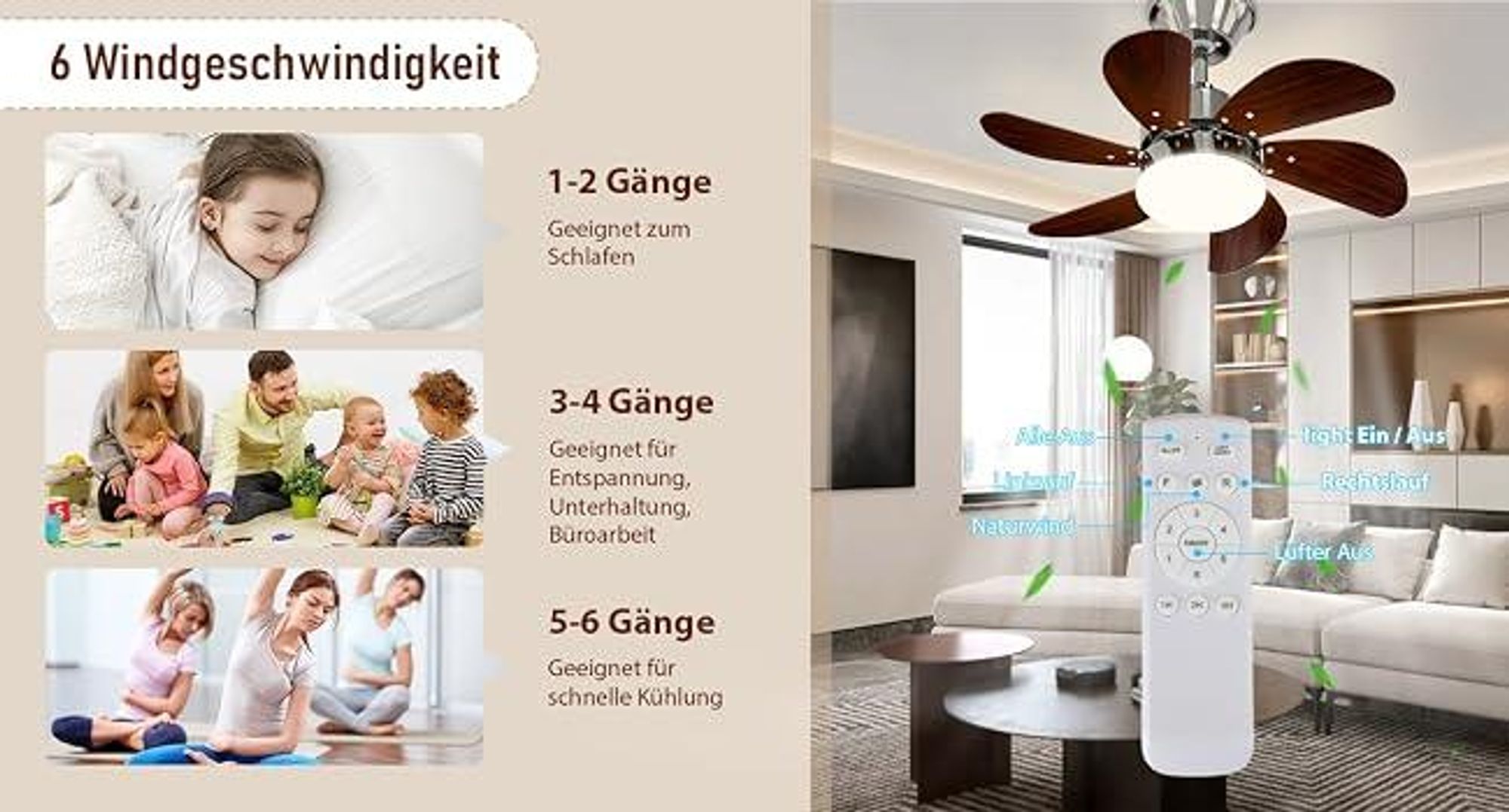 ZMH Deckenventilator Mit Beleuchtung Fernbedienung Leise Deckenlampe Wohnzimmer 6 Flügeln Ø75cm Ventilator Timing Deckenleuchte Fan LED Lichtquelle