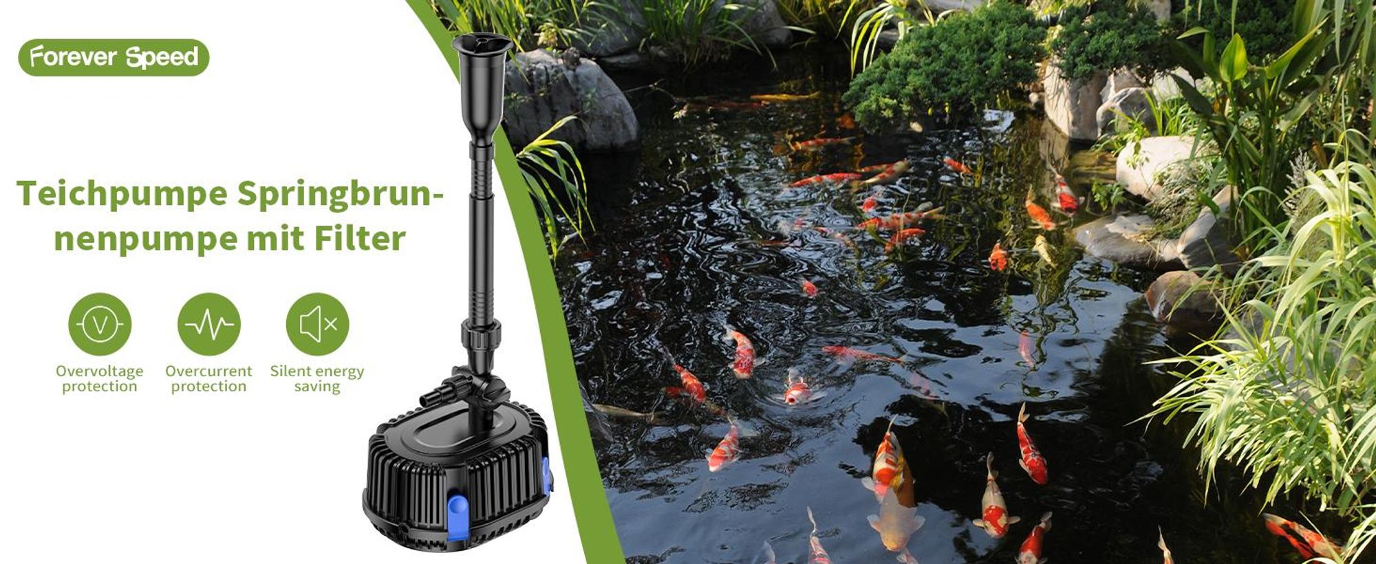 Speed Springbrunnenpumpe außen 1000L/H Teichpumpe Wasserspielpumpe für Gärten, Teich, Brunnen 20W