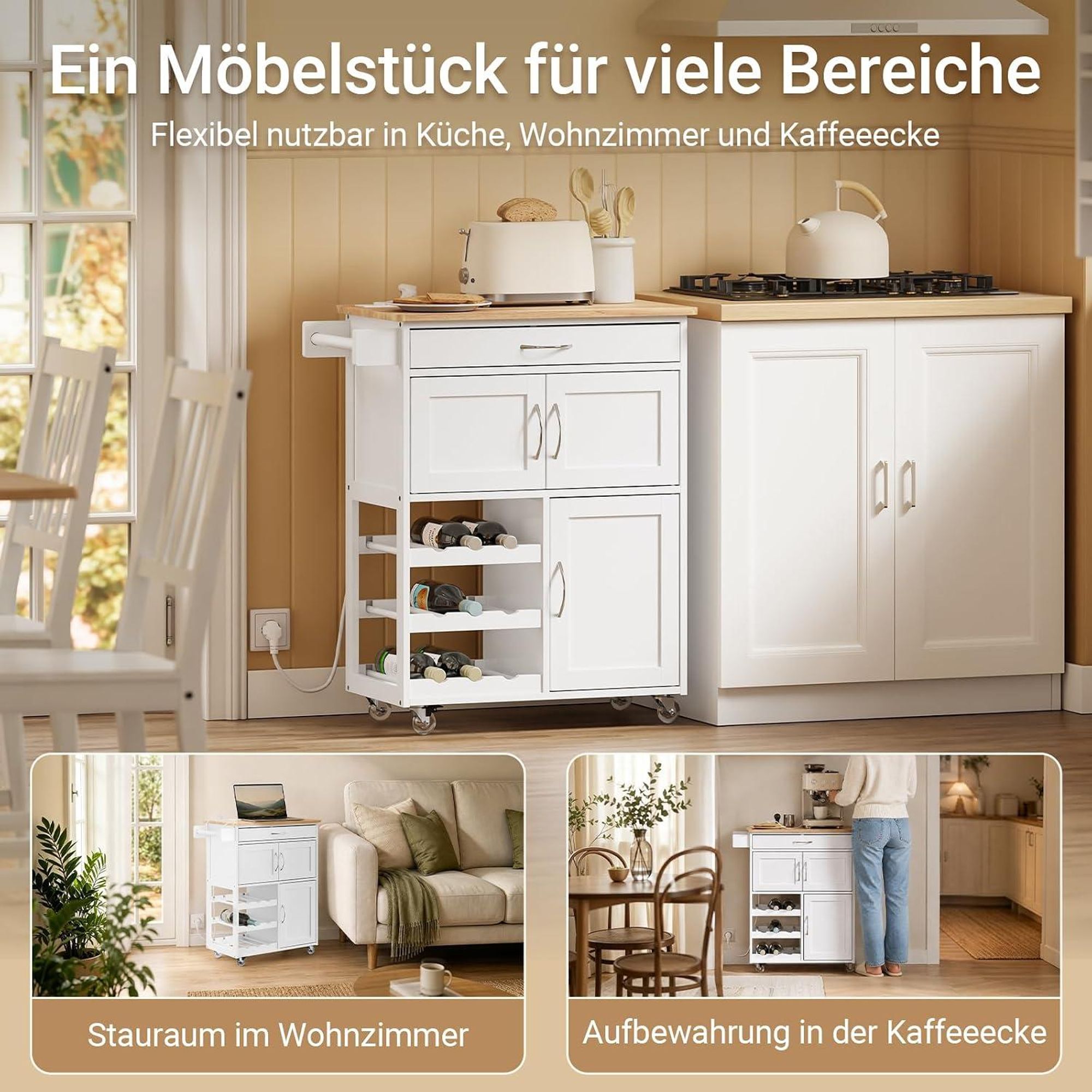 SoBuy Küchenwagen mit Arbeitsplatte, Schublade und Weinregal, weiß Obere Arbeitsplatte eine Schublade ein Oberschrank FKW45-E-WN