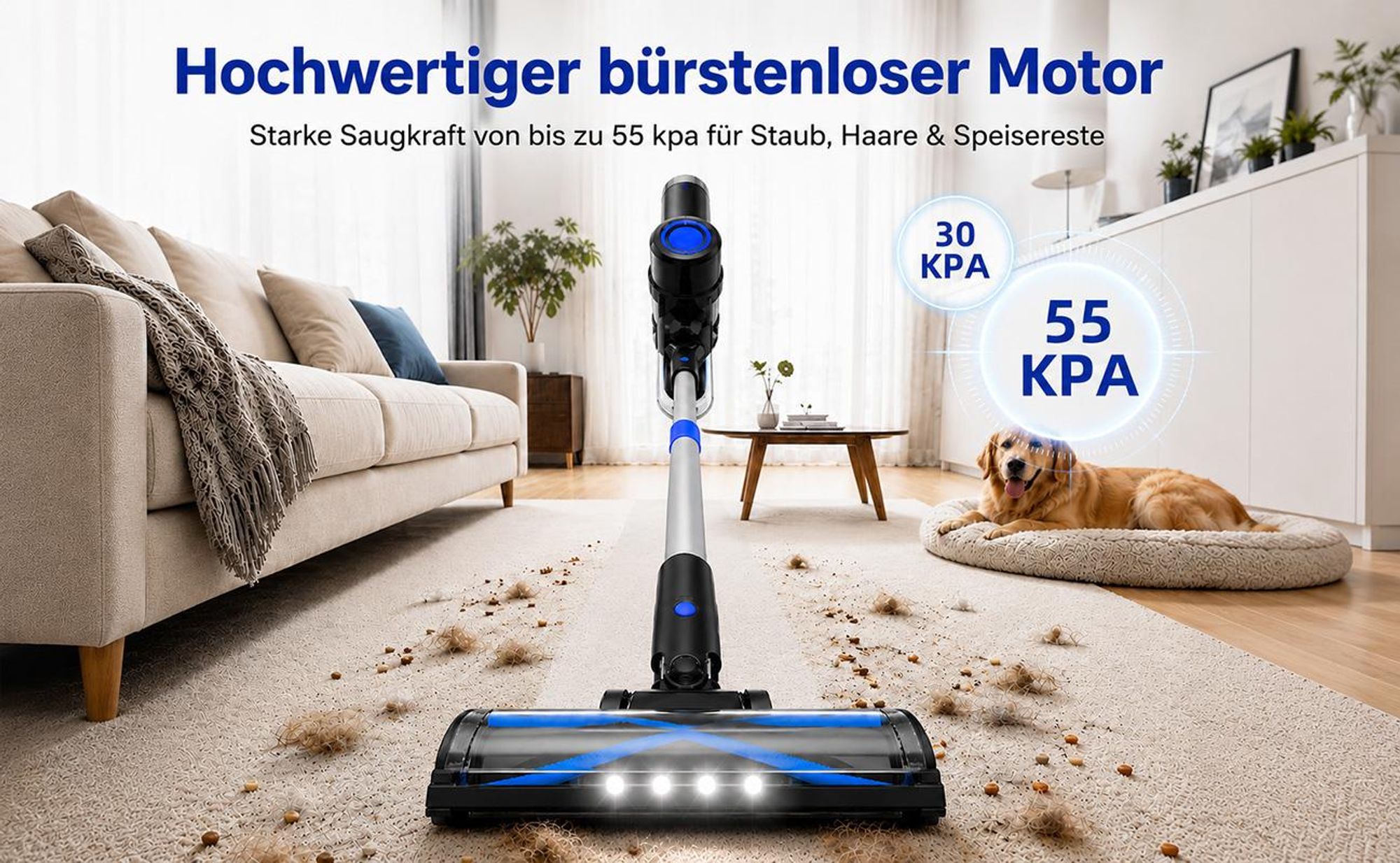 Akku Staubsauger, Staubsauger Kabellos,Kabelloser Staubsauger, 5 in1 Akkustaubsauger Bürstenloser Motor 55min, für tierhaare, 4HEPA