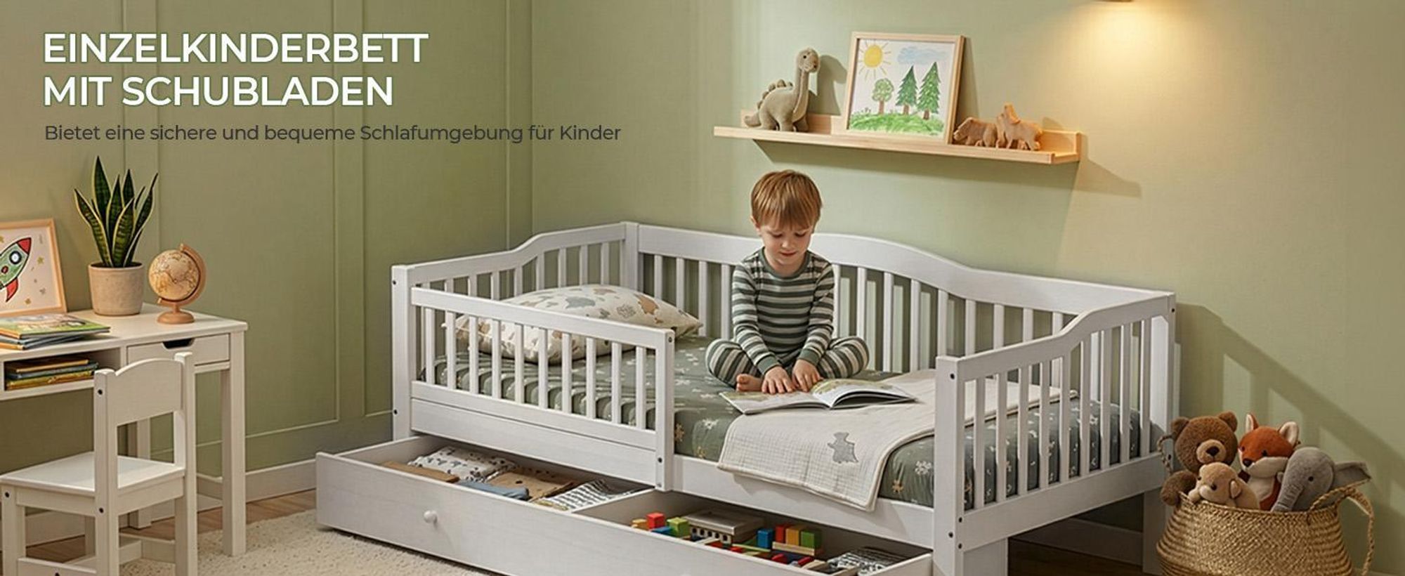 FCH Kinderbett mit Schubladen 90x200cm, Hausbett mit Lattenrost, Bodenbett mit Stauraum und Abnehmbarer Barriere, Weiß