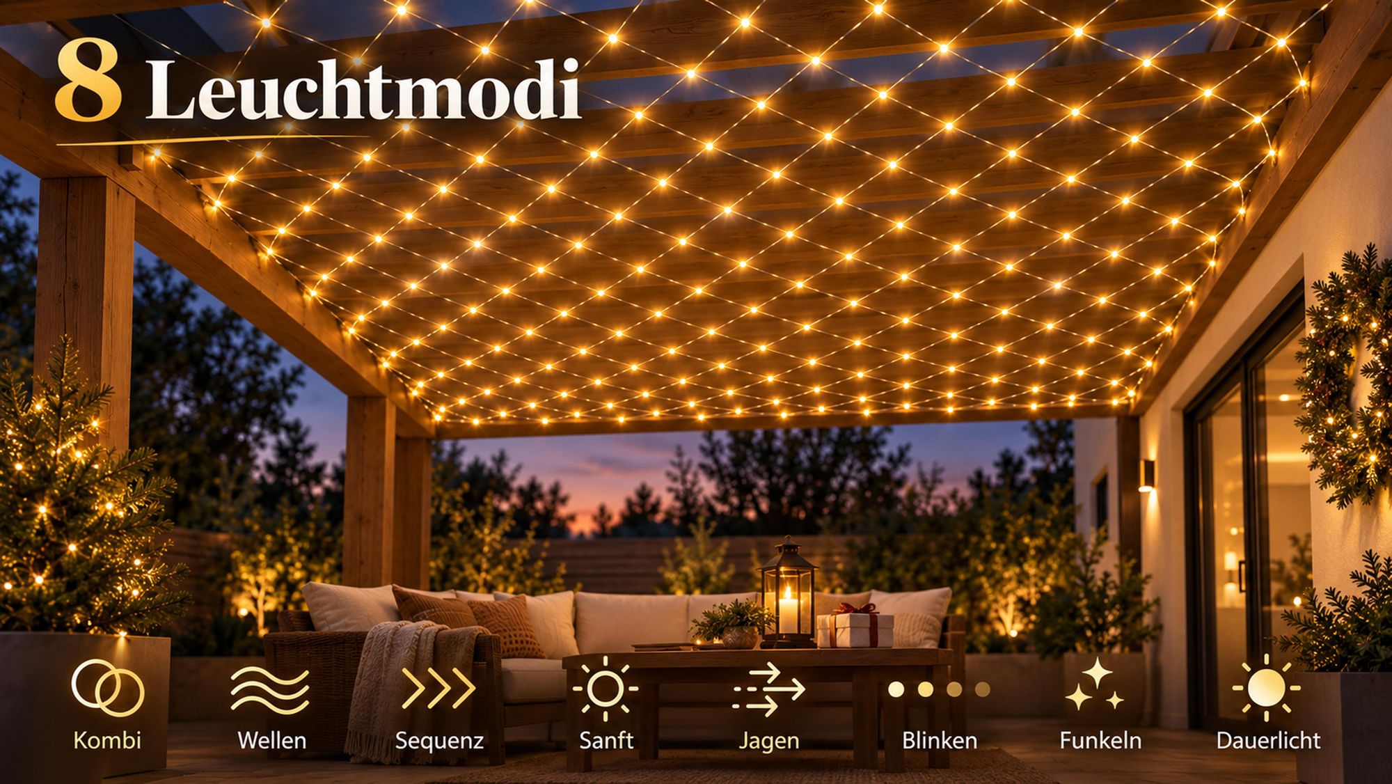 3X2m 200 LED Lichterkette Netz Lichternetz Warmweiß mit Stecker 8Modi Timer für Büsche Garten Weihnachtsbaum Zimmer Party Weihnachten Beleuchtung Deko