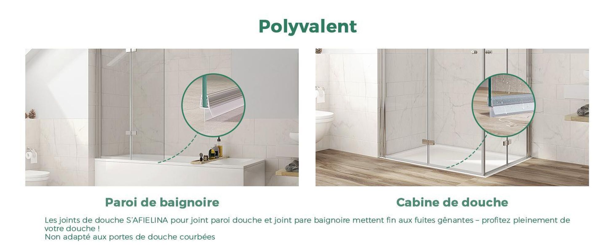 S'AFIELINA joint de rechange déflecteur d'eau joint de douche protection anti-vibration cabine de douche salle de bain 7-8mm verre 60cm 2 pièces