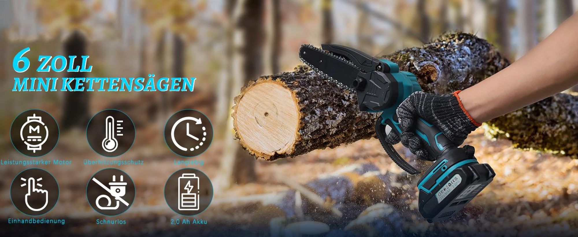 Mini Kettensäge, Akku Kettensäge, Handkettensäge, 6" Elektro-Kettensäge, mit 2 * 2.0Ah Akkus und Ladegerät, für Gartenbäumen, Astschere, Holzschneiden