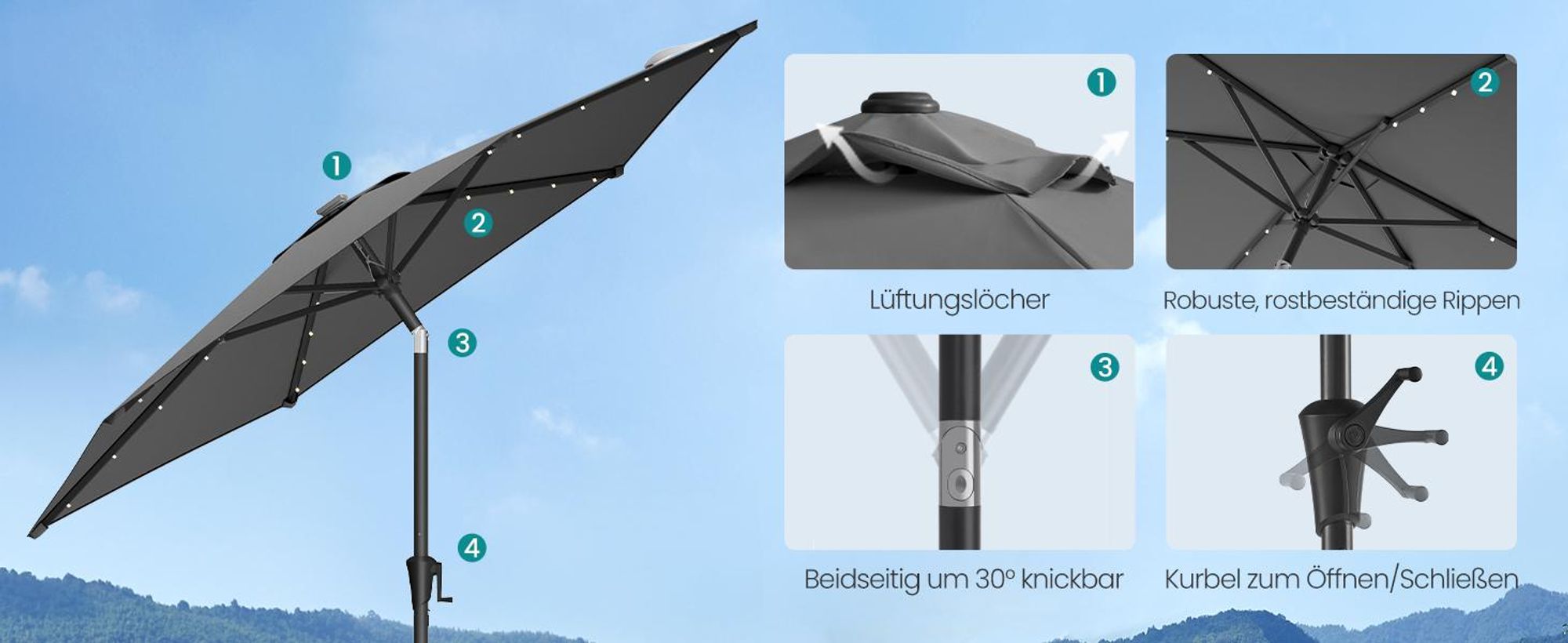 SONGMICS Sonnenschirm Ø 270 cm mit 32 LED-Lämpchen UV-Schutz
