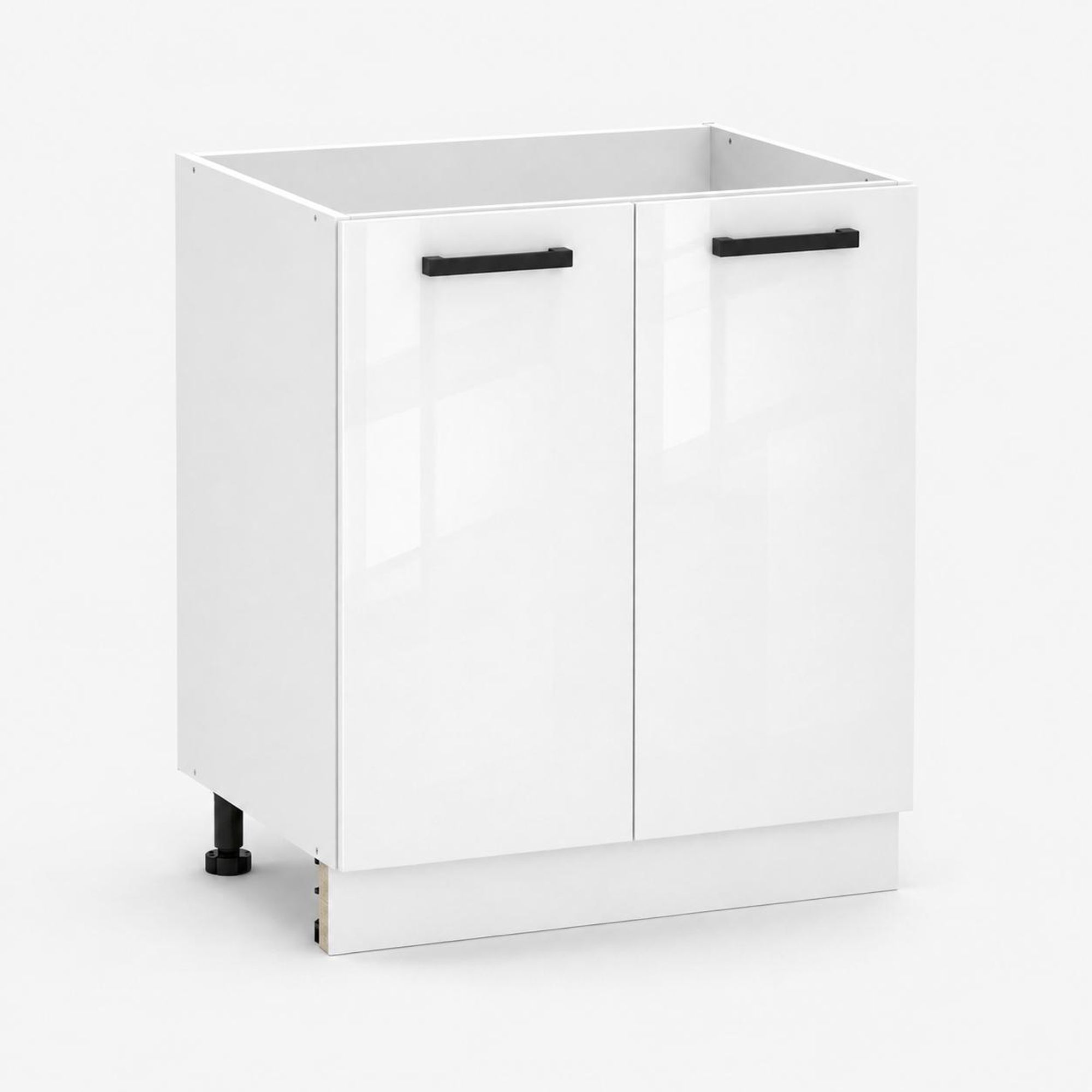 Spülenunterschrank 60 cm Weiß Hochglanz: 2 Türen, schwarze Griffe & Sockel.