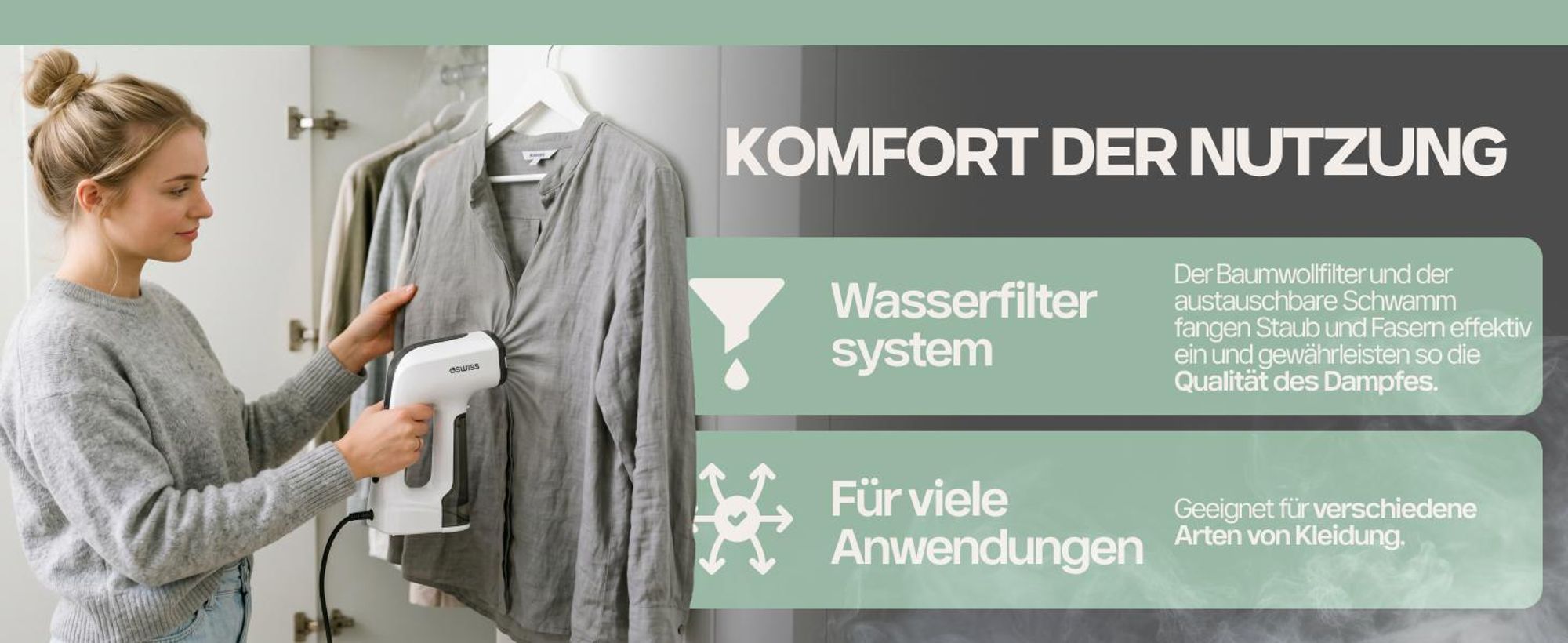 4Swiss VS026 DuoSteam Premium Dampfbürste Dampfglätter Steamer 1300 W Vakuumfunktion Reisebügeleisen Vertikal Horizontal Trockenbügeln 2in1 Anti-Kalk
