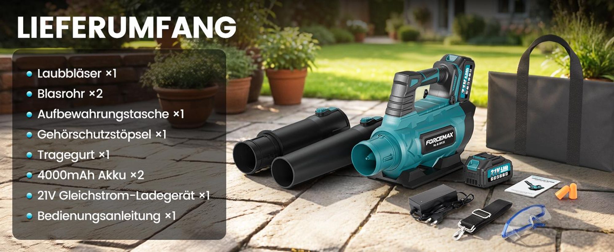 Akku Laubbläser 21V 6 Stufen mit 2x4000mAh Akku und Ladegerät, Akku-Gebläse 880W Bürstenlos bis 100 m/s für Laub, Staub, Schnee, Haus, Garten, Auto