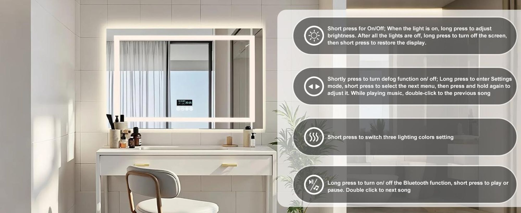 WISFOR LED Badspiegel mit Bluetooth Lautsprecher, 100x70cm Badezimmerspiegel mit Beleuchtung 3 Lichtfarbe, LED Wandspiegel dimmbar beschlagfrei