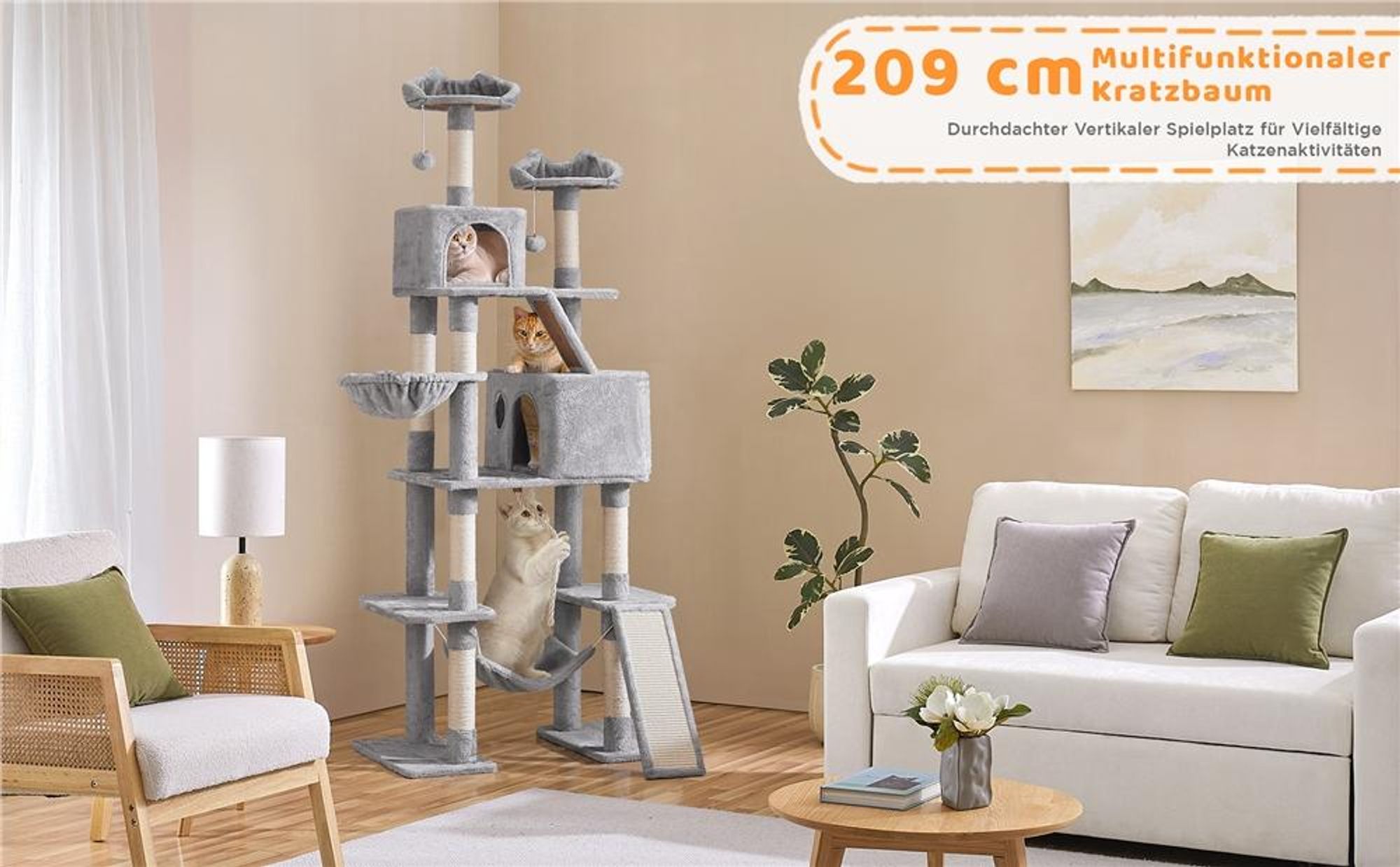 Yaheetech XXL Kratzbaum, 206 cm deckenhoch, mit Sisalstämmen, stabiler Kletterbaum, großer Katzenbaum, Hellgrau