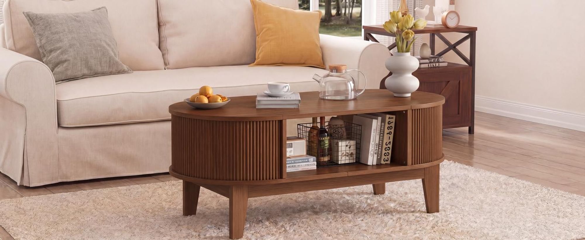 INONEFT Couchtisch mit verstecktem Stauraum, beistelltisch,wohnzimmertisch,Sofatisch mit MDF & Holzbeine, Walnuss
