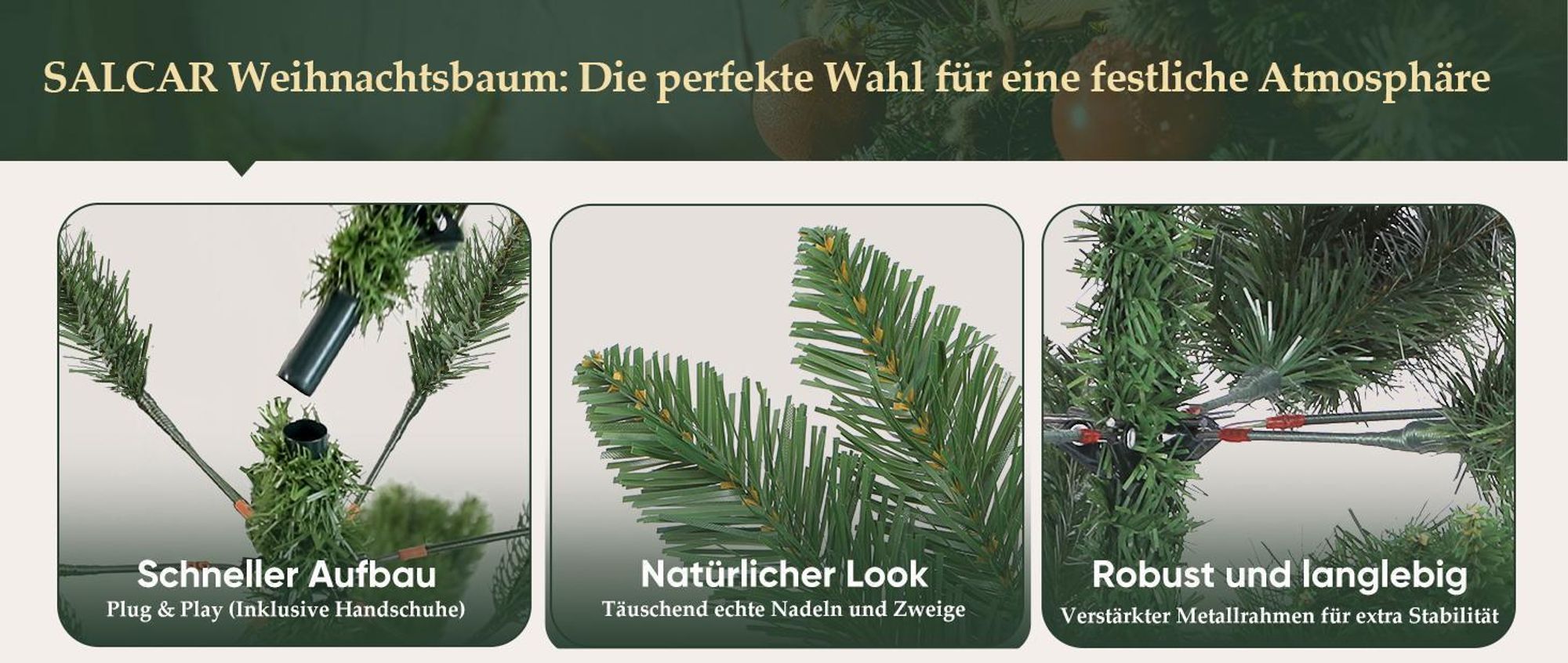 Salcar Künstlicher Weihnachtsbaum 210 cm Tannenbaum mit natürlichen Zweigfarben und Echtholzständer Christbaum Nordmanntanne, mit 1066 Zweigen