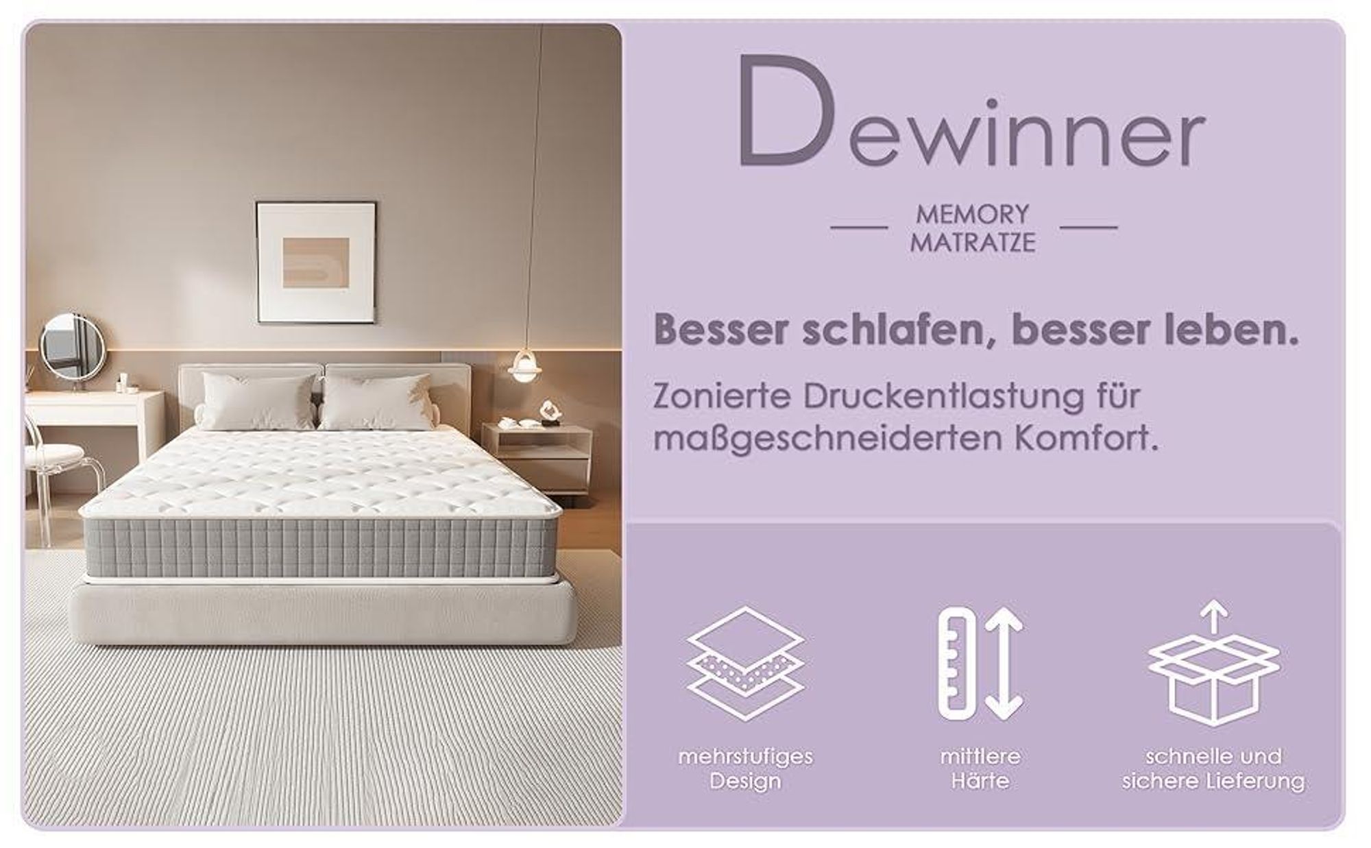 DEWINNER Matratze, 160x200, Höhe 30 cm, Schaumstoffmatratze, perfekte Unterstützung, hohe Elastizität, Wendematratze, beidseitig verwendbar