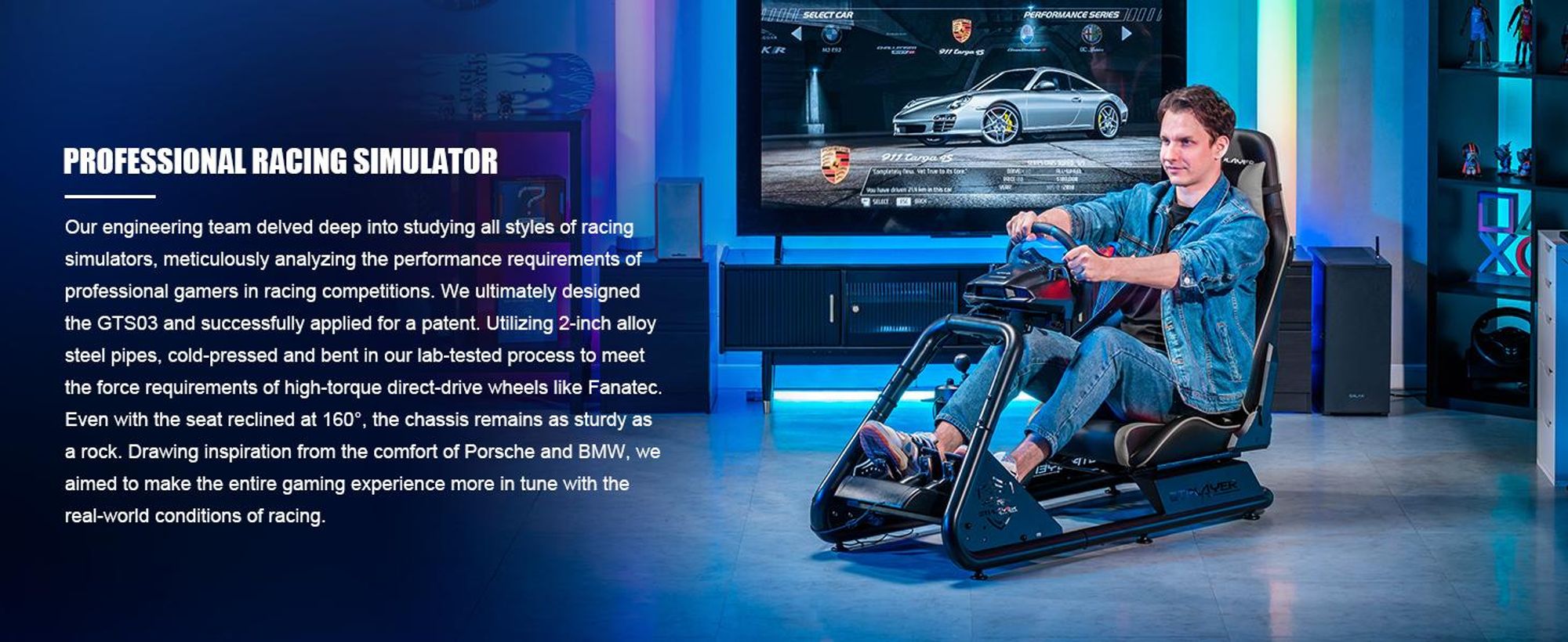 GTPLAYER Simulator Cockpit, SIM-racen cockpit, stuurstandaard voor race-simulators, gamingstoel, stuurstandaard met Bluetooth-luidspreker en pedaalhouder