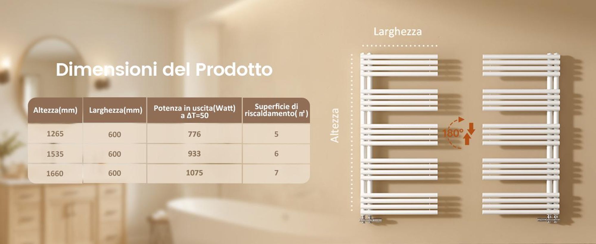 EMKE Radiatore da bagno con attacco laterale Tubo tondo bianco Scaldasalviette 126,5 x 60 cm 776 W  Scaldasalviette da bagno per funzionamento con acqua calda Montaggio a parete senza resistenza elettrica