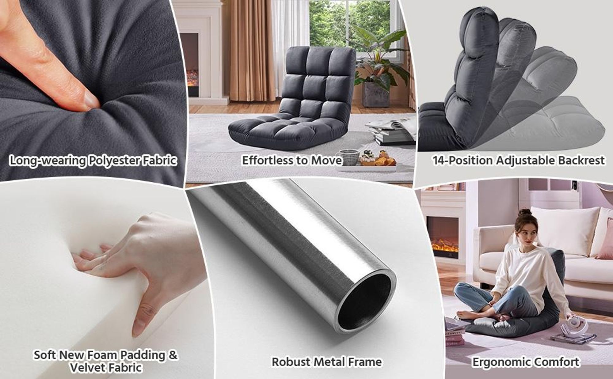 Yaheetech Bodenstuhl mit Verstellbarer Lehne, Bodenkissen mit Rückenlehne, Relaxsessel Faltbar, Meditationsstuhl, Lazy Sofa, Grau