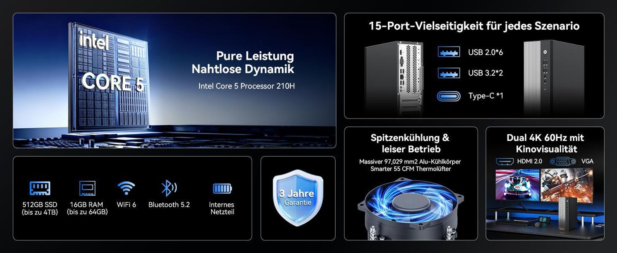 Blackview NEX60 Mini-PC: Intel Core 5 210H, 16GB DDR4 (max. 64GB), 512GB PCIe 4.0 SSD (max. 4TB), Dual 4K Display, Wi-Fi 6, 15 Ports, Windows 11 Pro