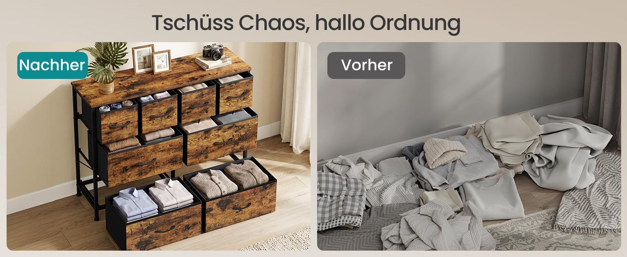 SONGMICS Kommode mit 8 Stoffschubladen, Aufbewahrungsschrank mit Metallrahmen, 98,7 x 30 x 74,7 cm, Tan