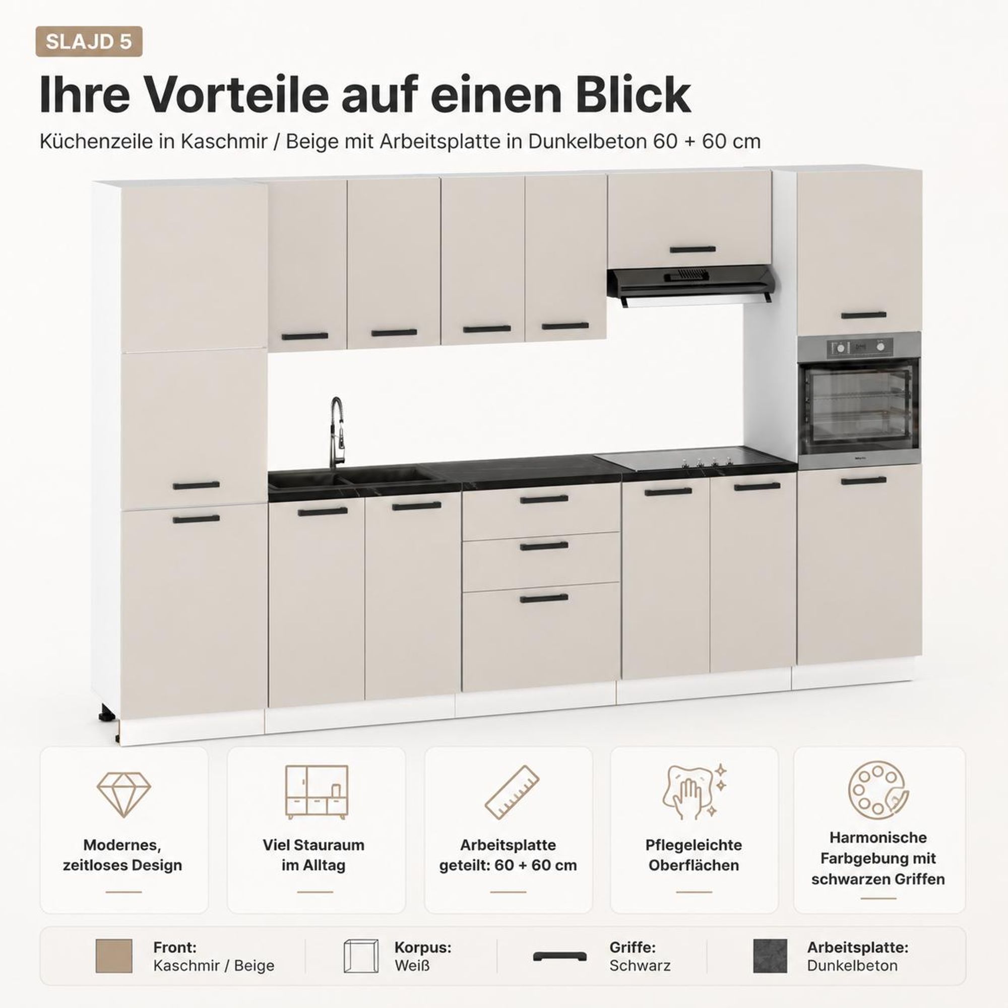 Küchenzeile Kaschmir Beige 260 cm mit Spülenschrank 80 cm & 3 Schubladen