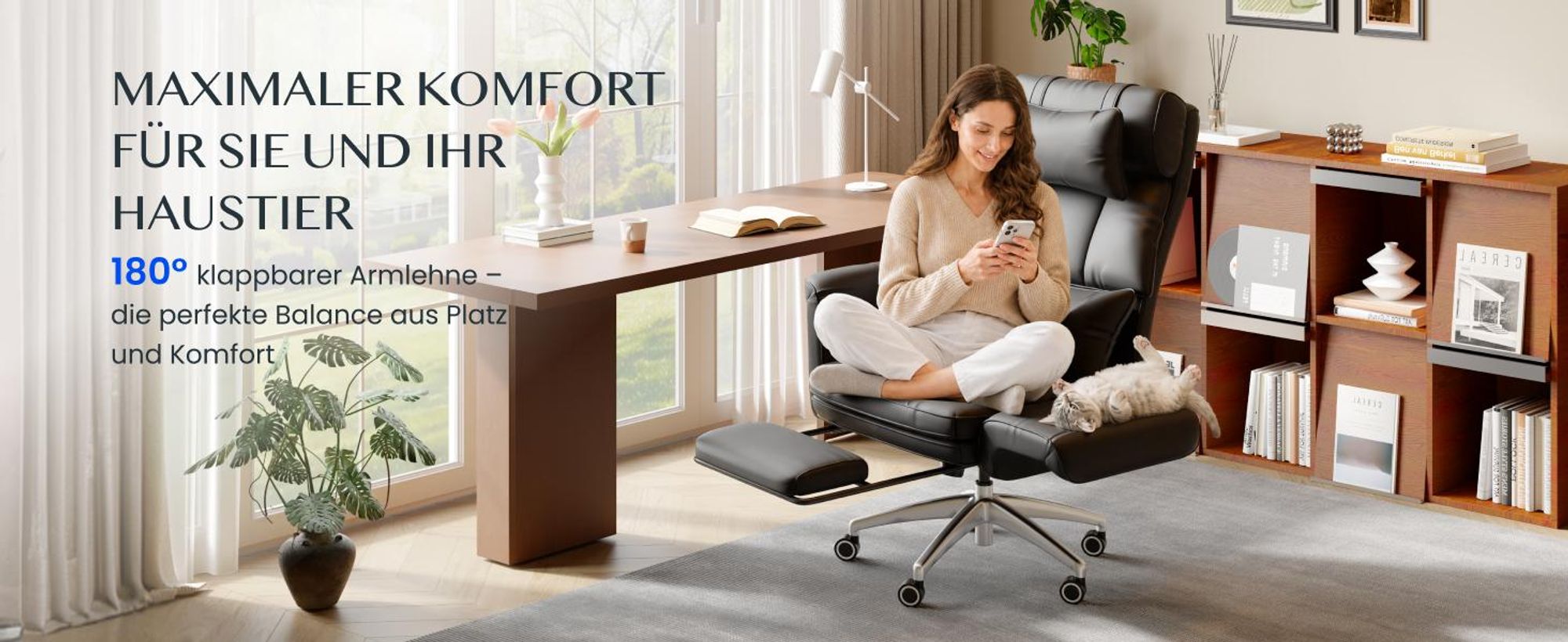 FLEXISPOT Ergonomischer Bürostuhl, 180° klappbare Armlehnen, aus kratzfestem Kunstleder, höhenverstellbare Kopfstütze, 90–130° verstellbar, Schwarz