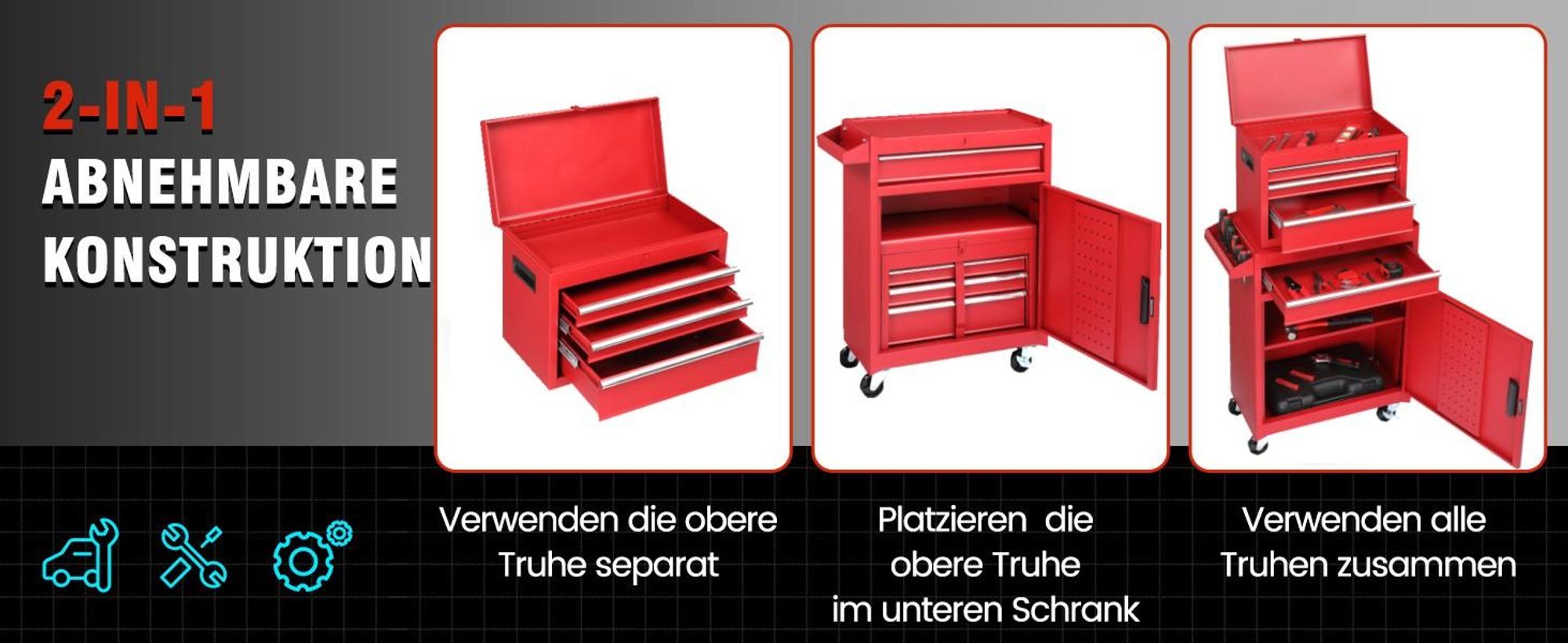 FCH Werkzeugschrank aus Metall, Kombi-Rollschrank mit tragbaren Werkzeugkästen, mobiler Werkstattwagen mit 4 Schubladen (rot)