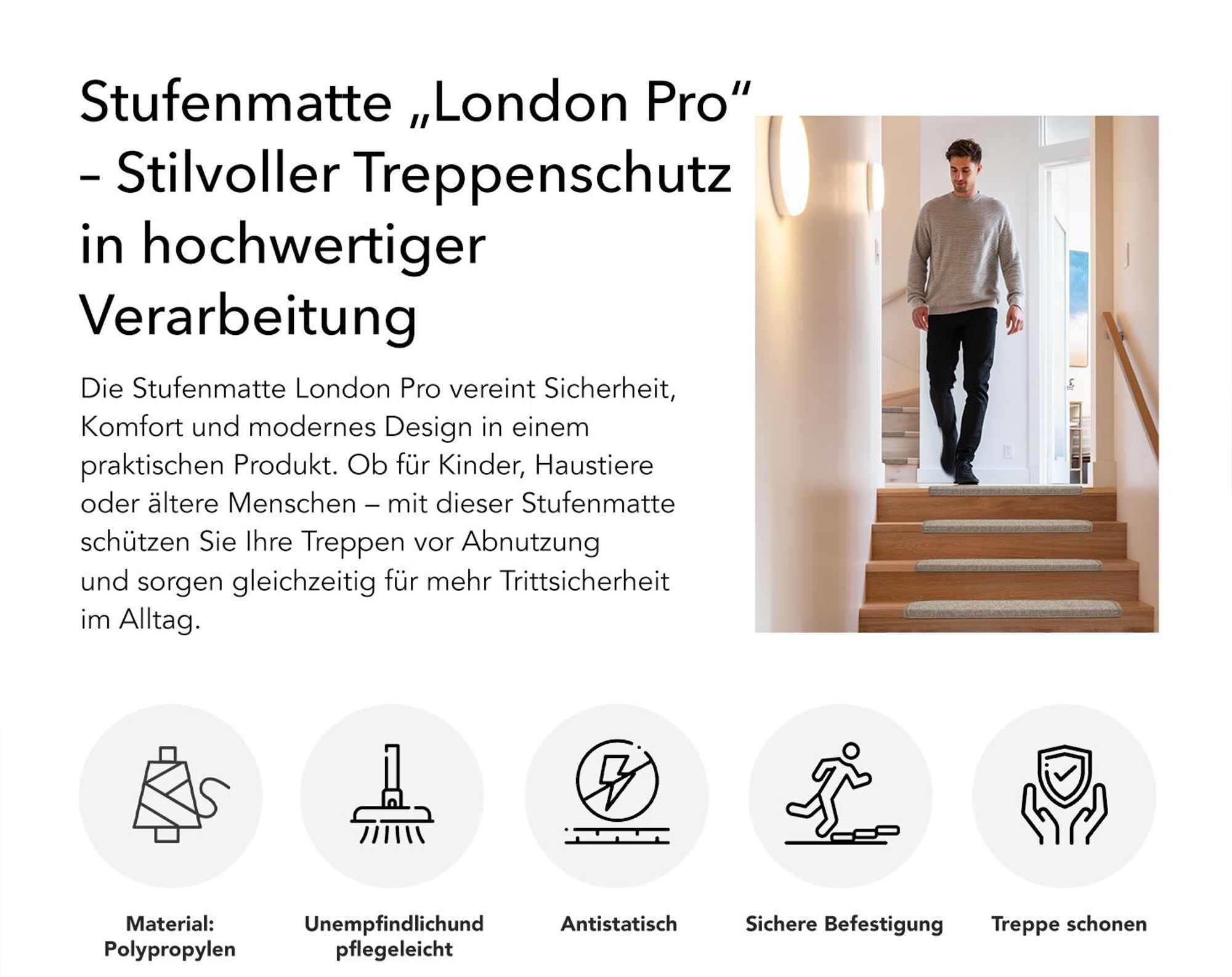 Stufenmatte London Pro Rutschfest & pflegeleicht Halbrund Anthrazit 1 Stufenmatte
