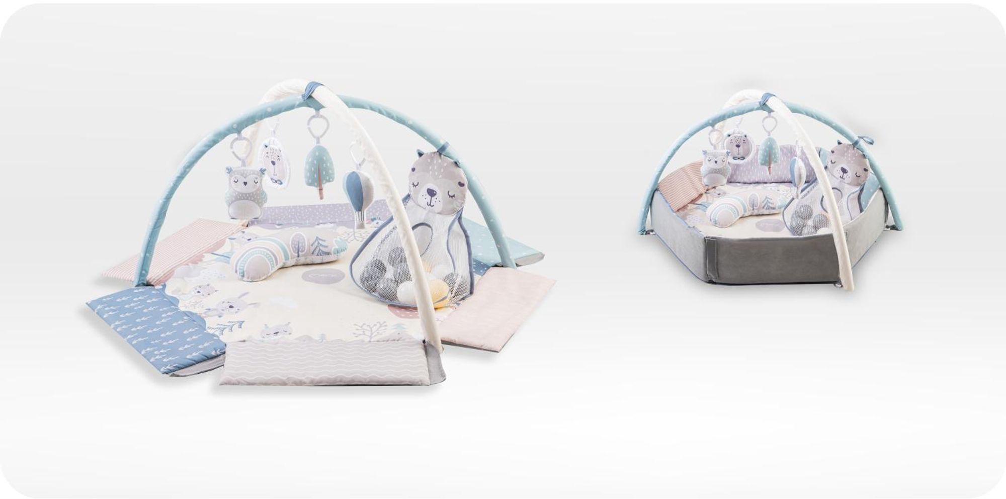 MoMi PASTEL – 2-in-1 Baby Spielmatte mit Bällebad & Sensorik-Spielzeug, fördert Sinne & Entwicklung, inkl. Kissen & Tasche – Pastellfarben