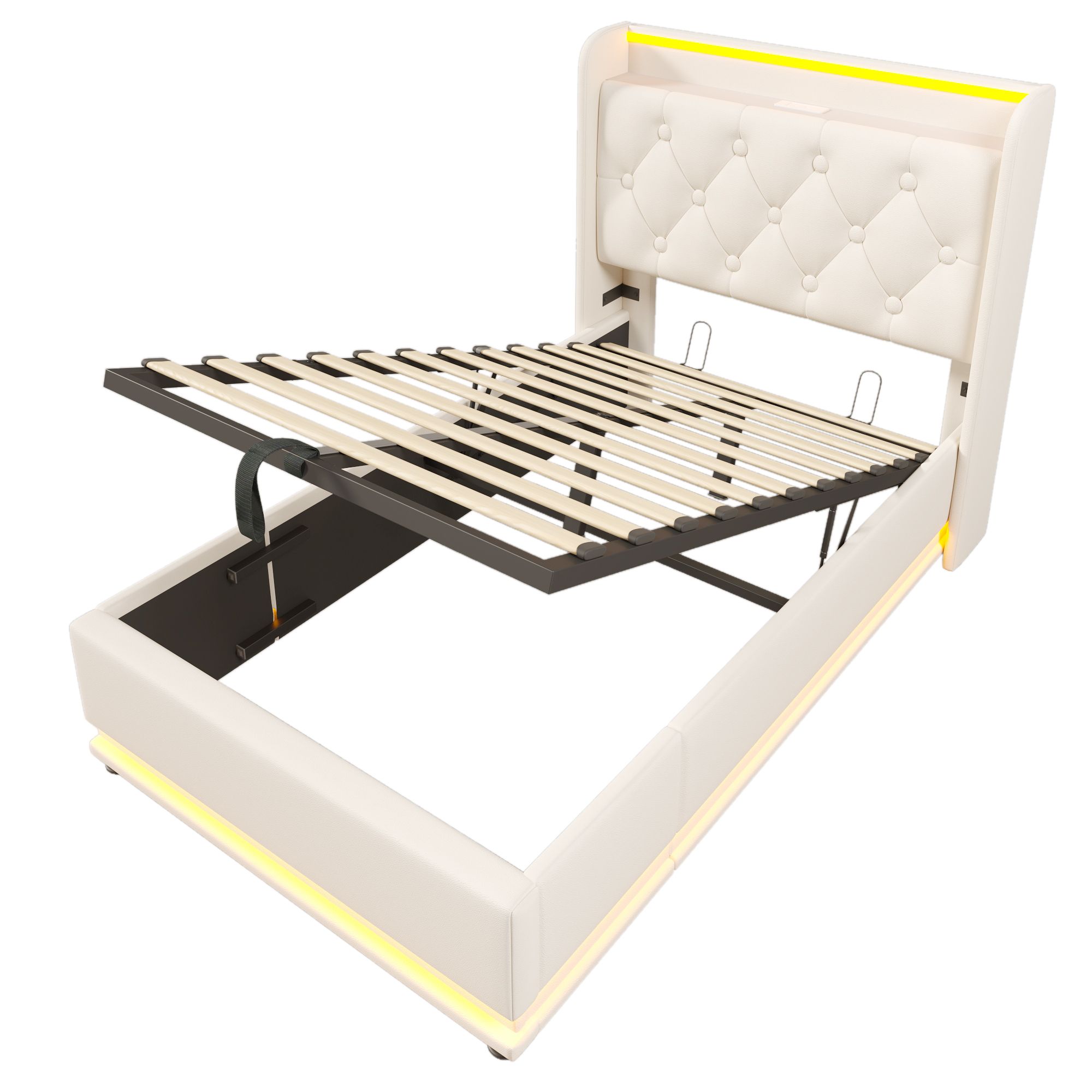 Flieks Polsterbett 90x200cm mit Ladefunktion (USB&Typ-c), Jugendbett Einzelbett Stauraumbett mit LED, Hydraulisches Boxspringbett, PU, Weiß