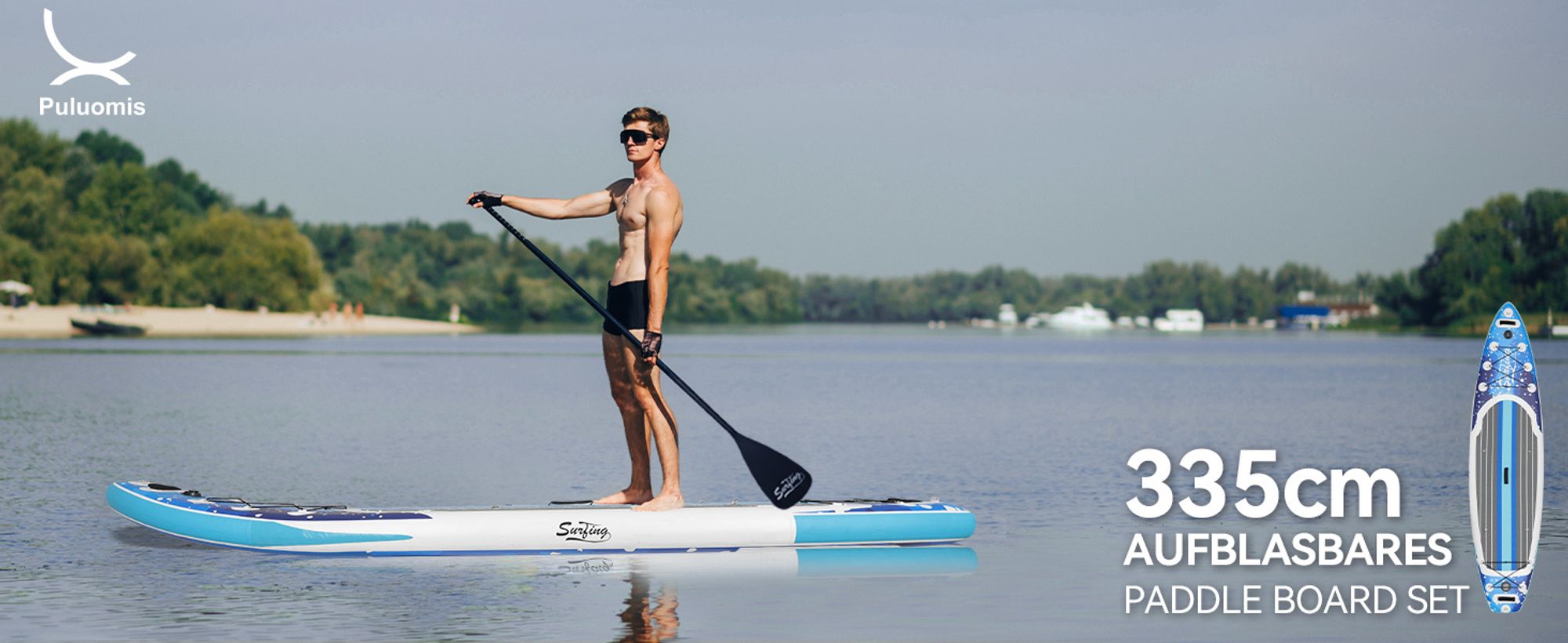Puluomis SUP Board mit Sitz 335cm, Stand Up Paddle Boards Set, Paddling Paddelboard Surfbrett Aufblasbar, Pumpe Tragetasche, MB. bis 150Kg Blau