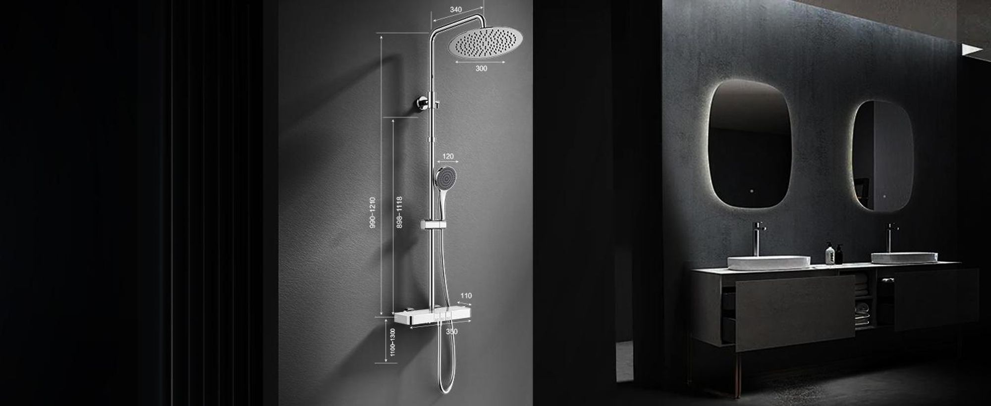 Homelody Duschsystem mit Thermostat und Glasablage, Brausegarnitur 3 Wasserausgabemodi, 12 Zoll Regendusche, Chrom