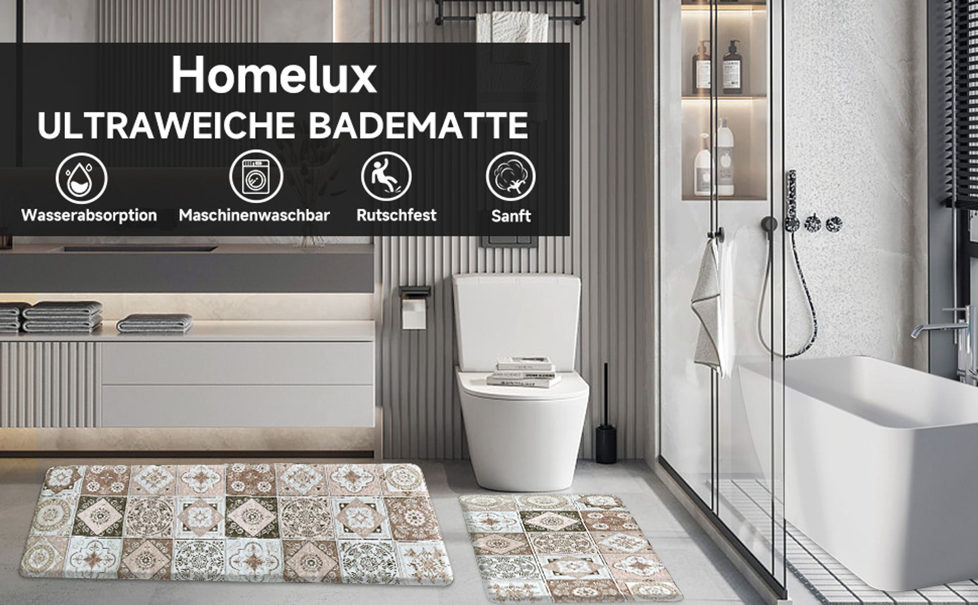 Badteppich Set 2 teilig Badematten Waschbar Badvorleger Teppich Läufer für Badezimmer Vintage Badvorleger Badezimmerteppich 50×160 cm+50×80 cm, Beige