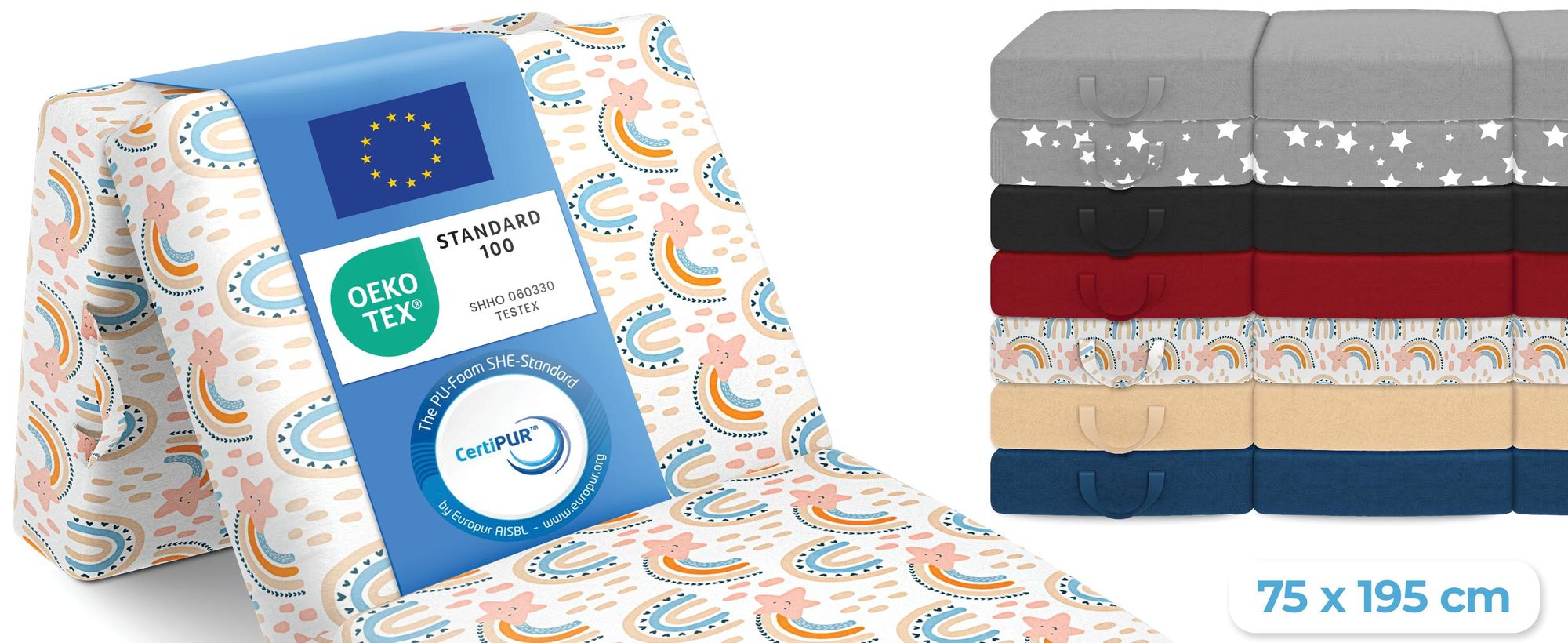 ELONEO Opklapbare matrassen, gastenmatrassen, 3-delige vouwmatras, extra dik schuim (15 cm), geschikt voor mensen met wervelkolomproblemen, opvouwbaar, inklapbare matras (regenboogkleur)