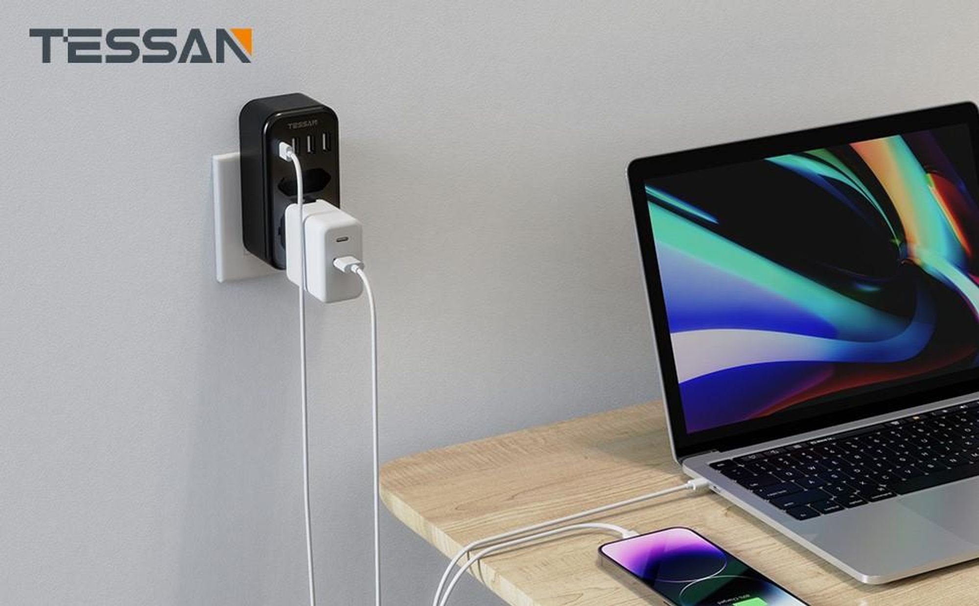 TESSAN Doppelstecker für Steckdose USB C Mehrfachsteckdose Steckdosenadapter 2Fach mit 4 USB Netzstecker 3600W Schwarz