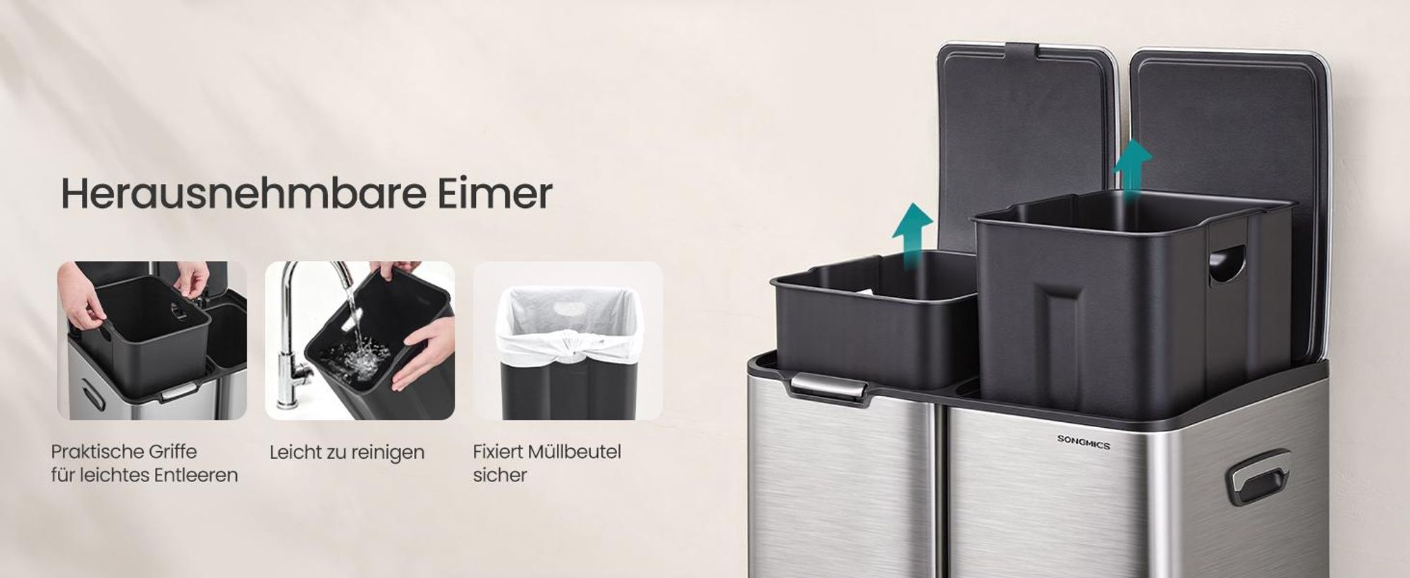 SONGMICS Mülltrennsystem Küche 60 L Tretmülleimer mit 3 Fächern 46,7 x 39 x 71,9 cm Silbern