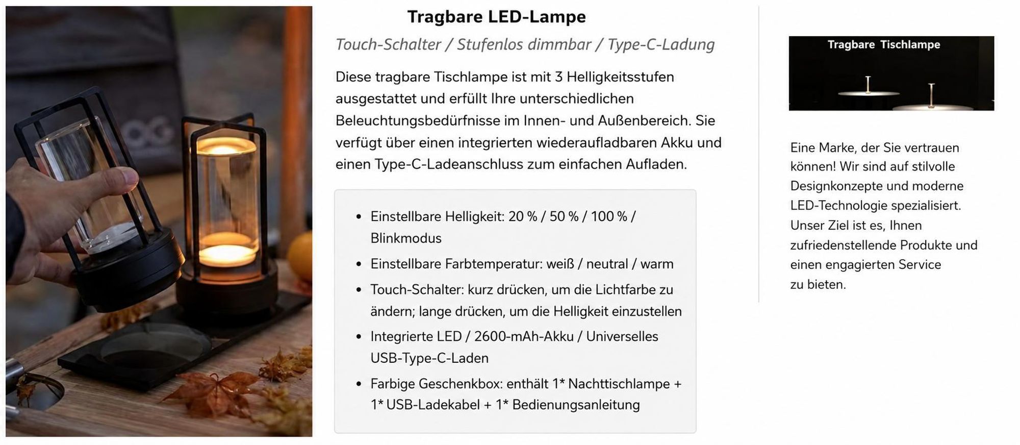 Tragbare Metall-Tischlampe für Innen/Außen, Wiederaufladbare Kabellose LED-Lampe, 3-Farben Stufenlos Dimmbar, Restaurant/Schlafzimmer/Bar/Campinglicht