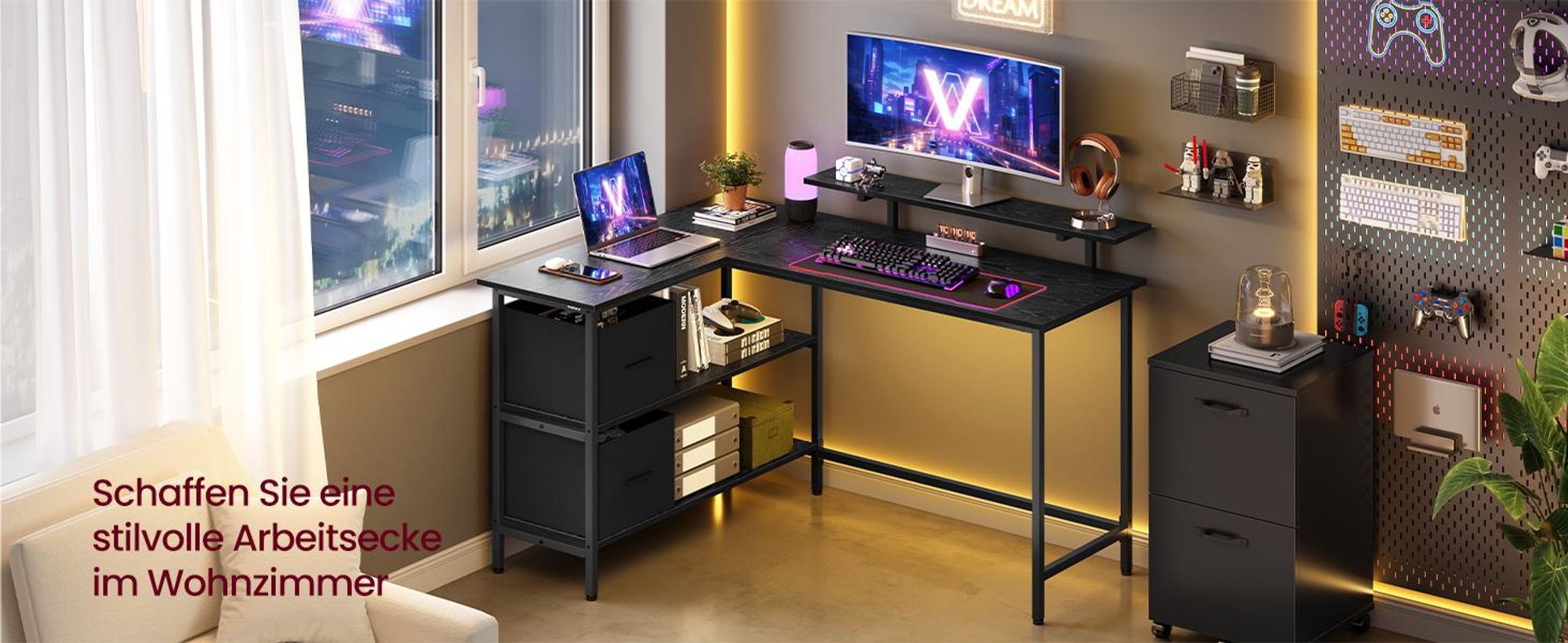 VASAGLE  L-förmige Schreibtisch Eckschreibtisch  Computertisch mit Schubladen 135cm schwarz