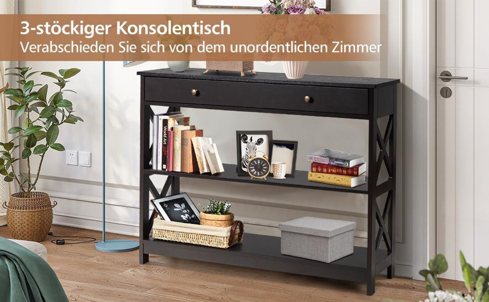 COSTWAY 3 Ebenen Konsolentisch mit Schublade, Flurtisch Holz, Standregal, Beistelltisch, Sofatisch, Flur, Wohnzimmer, 100 x 30 x 80 cm Weiß