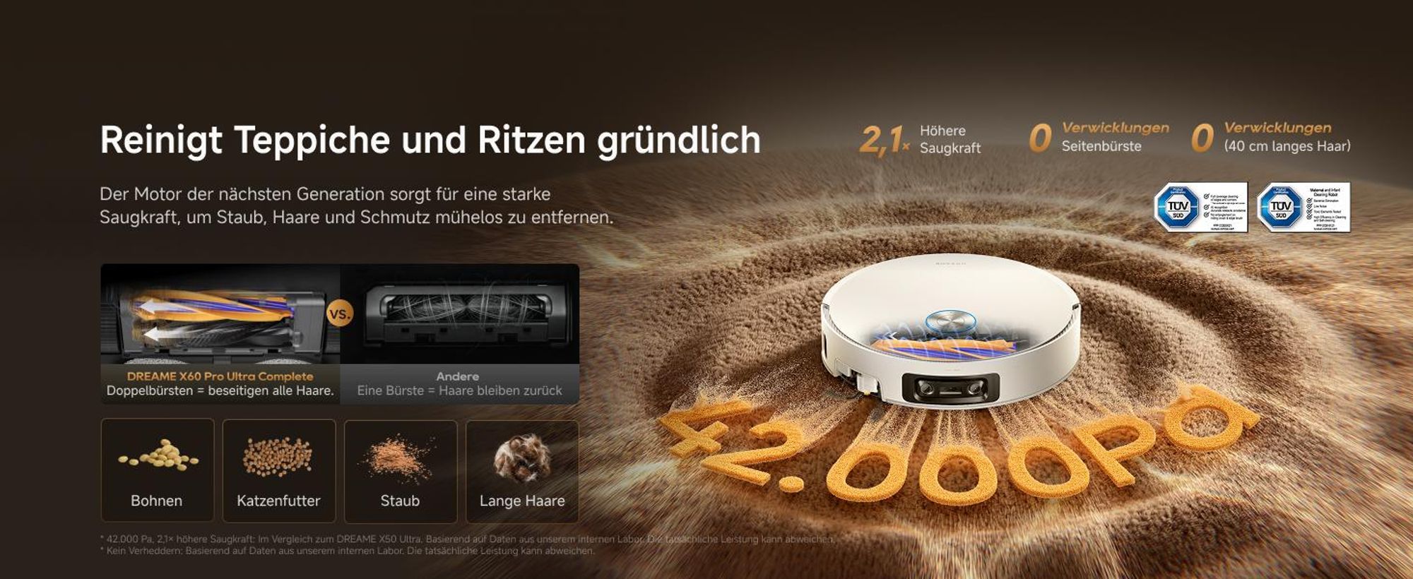 DREAME X60 Pro Ultra Complete Saug- und Wischroboter mit Wischfunktion,42KPa,DuoBrush 2.0,KI Omni 3.0,10cm Anhebung,100°C Wischmopp,100% Entwirrung
