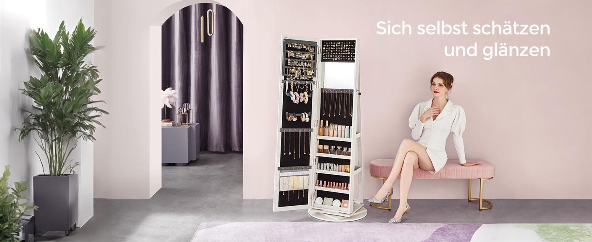 SONGMICS Schmuckschrank, 360° drehbar, Ablagen auf der Rückseite, Ganzkörperspiegel, abschließbarer Schmuckorganizer, mit kleinem Spiegel, weiß mit Holzmaserung CBJ62W