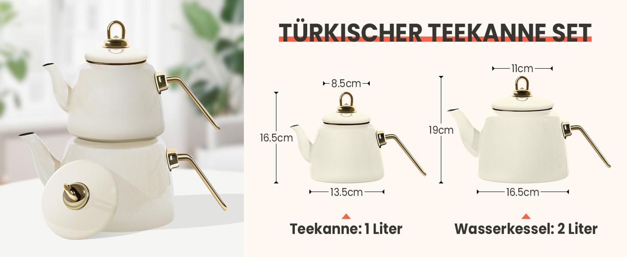 Homelux Teekanne Set, Wasserkessel Induktion Teekocher aus Emaille, Induktionsgeeignet, 2L+1L, Türkische teekanne, Caydanlik,Weiß