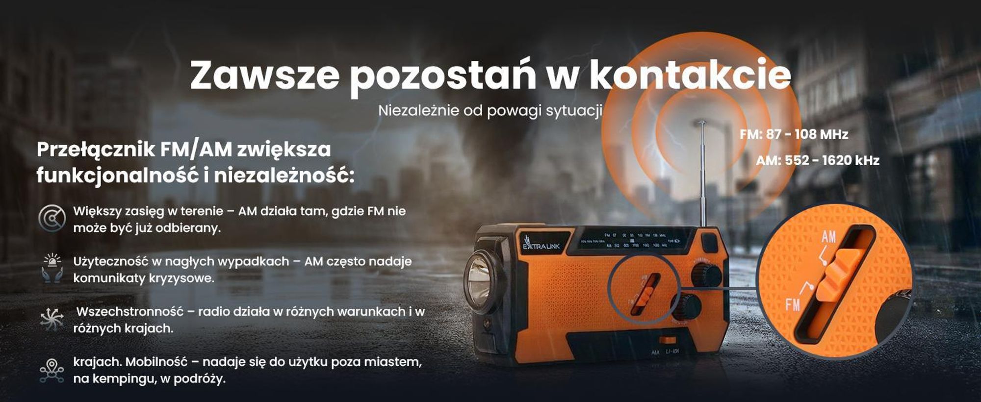 Extralink RADIO AWARYJNE SOLARNE Z KORBKA DYNAMO POWERBANK 4000MAH Z LATARKA SOS SR-4000, Przenośny, Analogowy, AM, FM, 87 - 108 MHz, 552 - 1620 kHz, 3 W