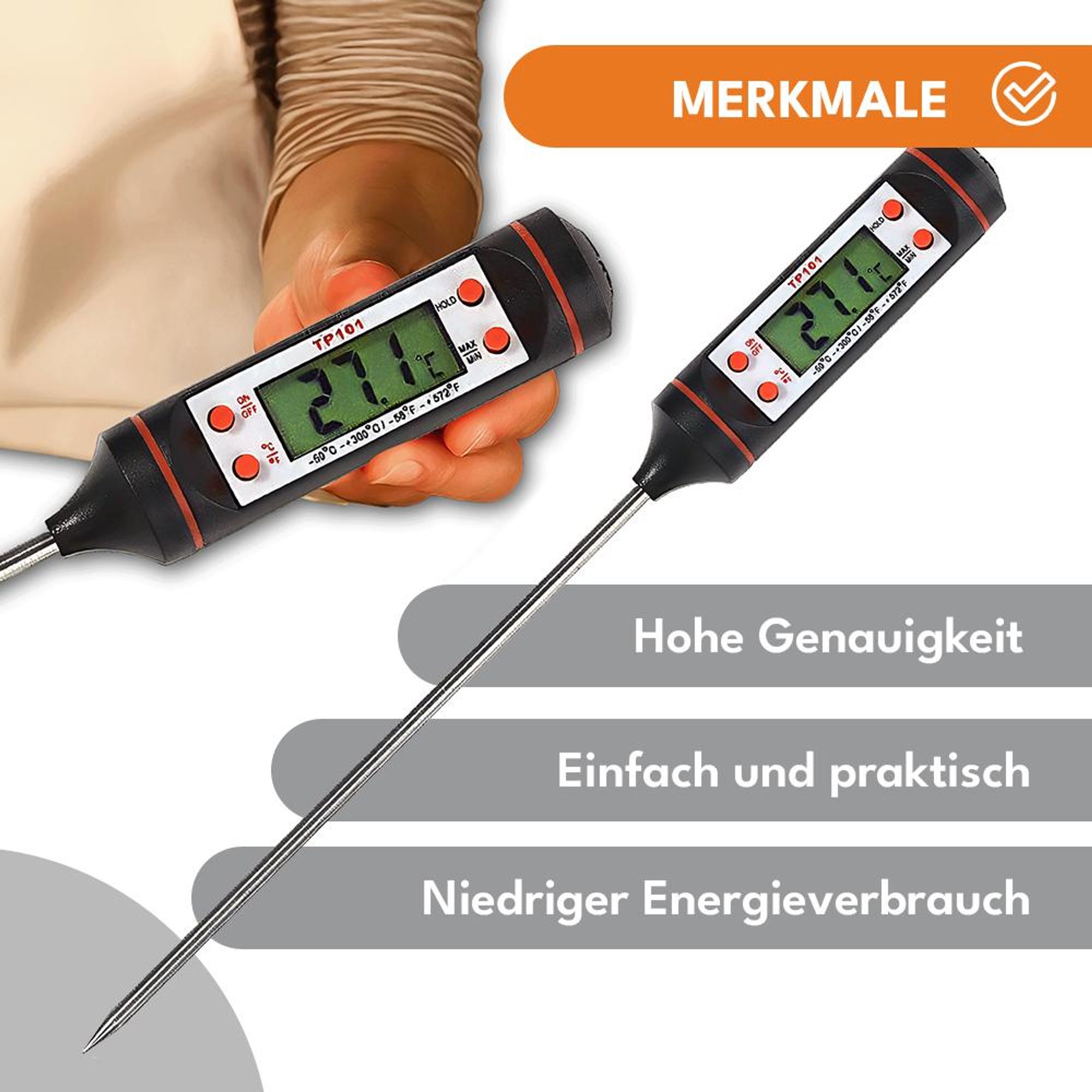 KRUMAD Digitales Küchenthermometer – Fleischthermometer mit Edelstahlsonde – Präzises Lebensmittelthermometer für Grill, Braten & Küche – Messbereich