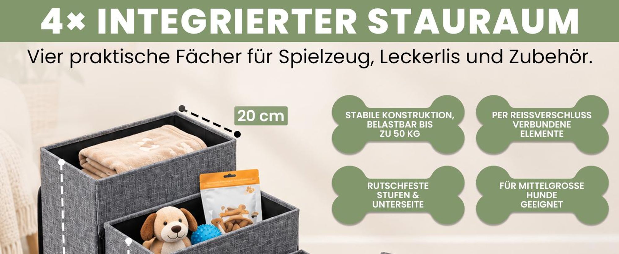 Snuffilo 3-in-1 Hundetreppe, klappbar mit Stauraum & Rampenfunktion – 4 Stufen Hundetreppe für Kleine Hunde & Katzen | Gelenkschonende Hunde Treppen Bett & Sofa - Bis 45+ kg | Grau