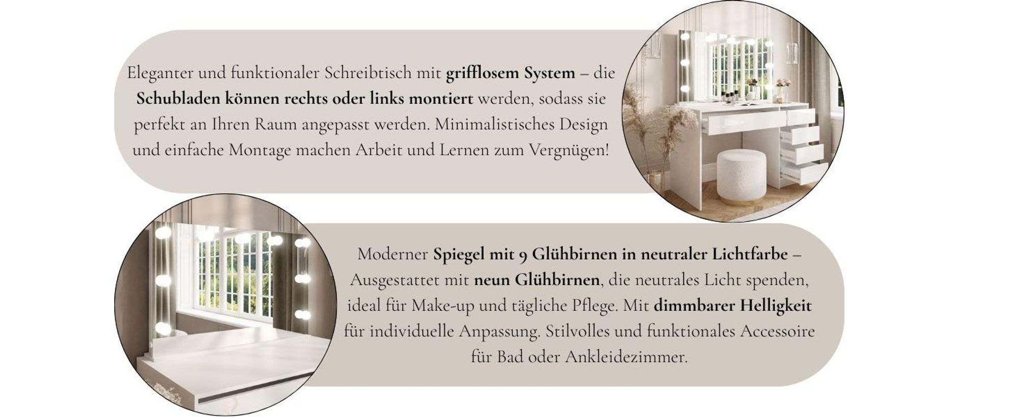 Perfekt zur Aufbewahrung von Kosmetika, bietet der Schminktisch Komfort und stilvolles Ambiente.