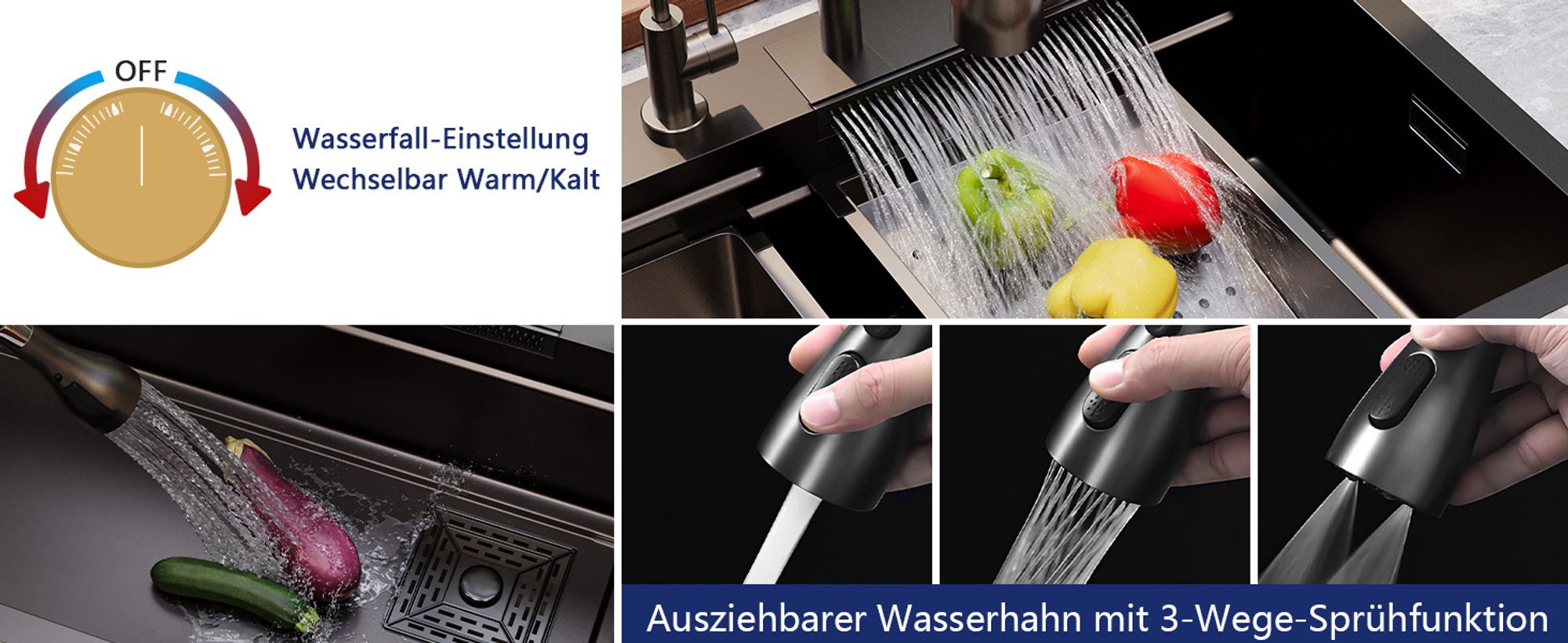 DeerValley Schwarzgrau Edelstahl Küchenspüle mit Ausziehbarem Wasserhahn und Raindance Wasserfall-Spülbecken, Großes Spülbecken (74.9 cm L x 45.7 cm B